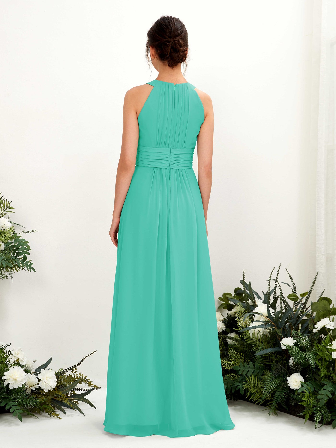 Carlyna Vestido línea A cuello redondo hasta el suelo fruncido dama de honor Azul Tiffany #color_azul-tiffany