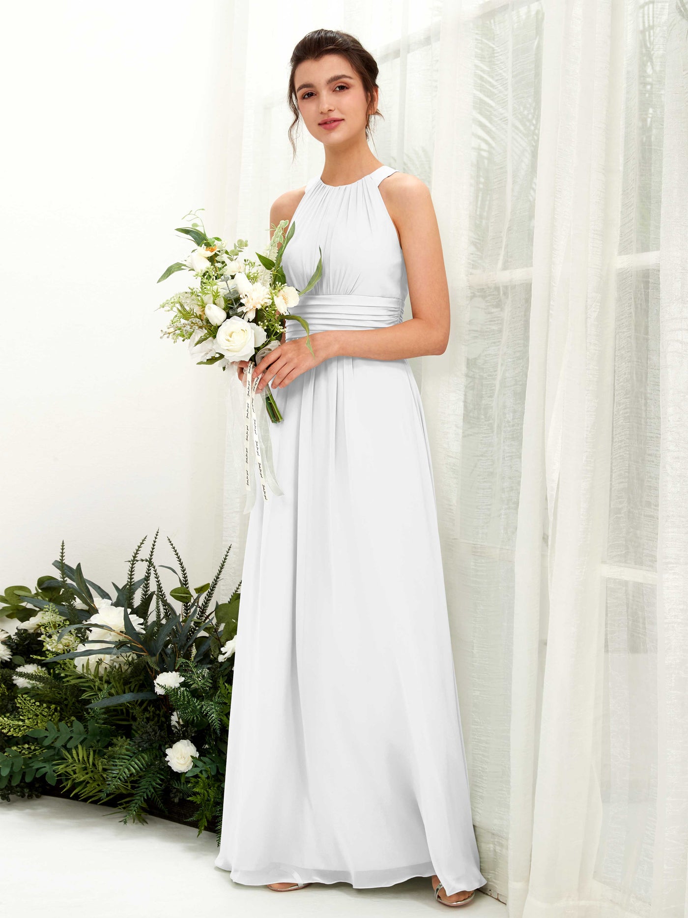 Carlyna Vestido línea A cuello redondo hasta el suelo fruncido dama de honor Blanco #color_blanco