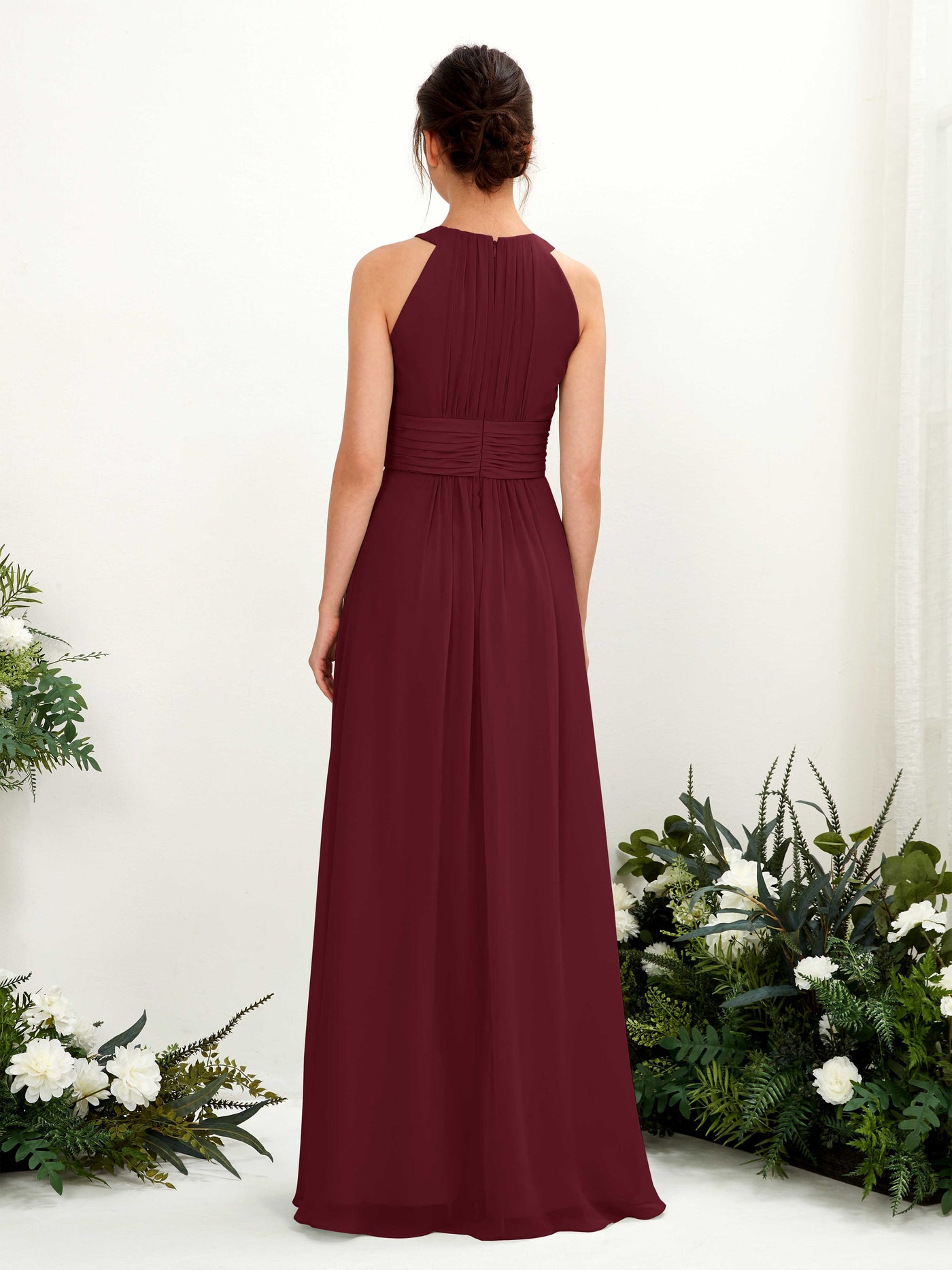 Carlyna Vestido línea A cuello redondo hasta el suelo fruncido dama de honor Borgoña #color_borgo-a