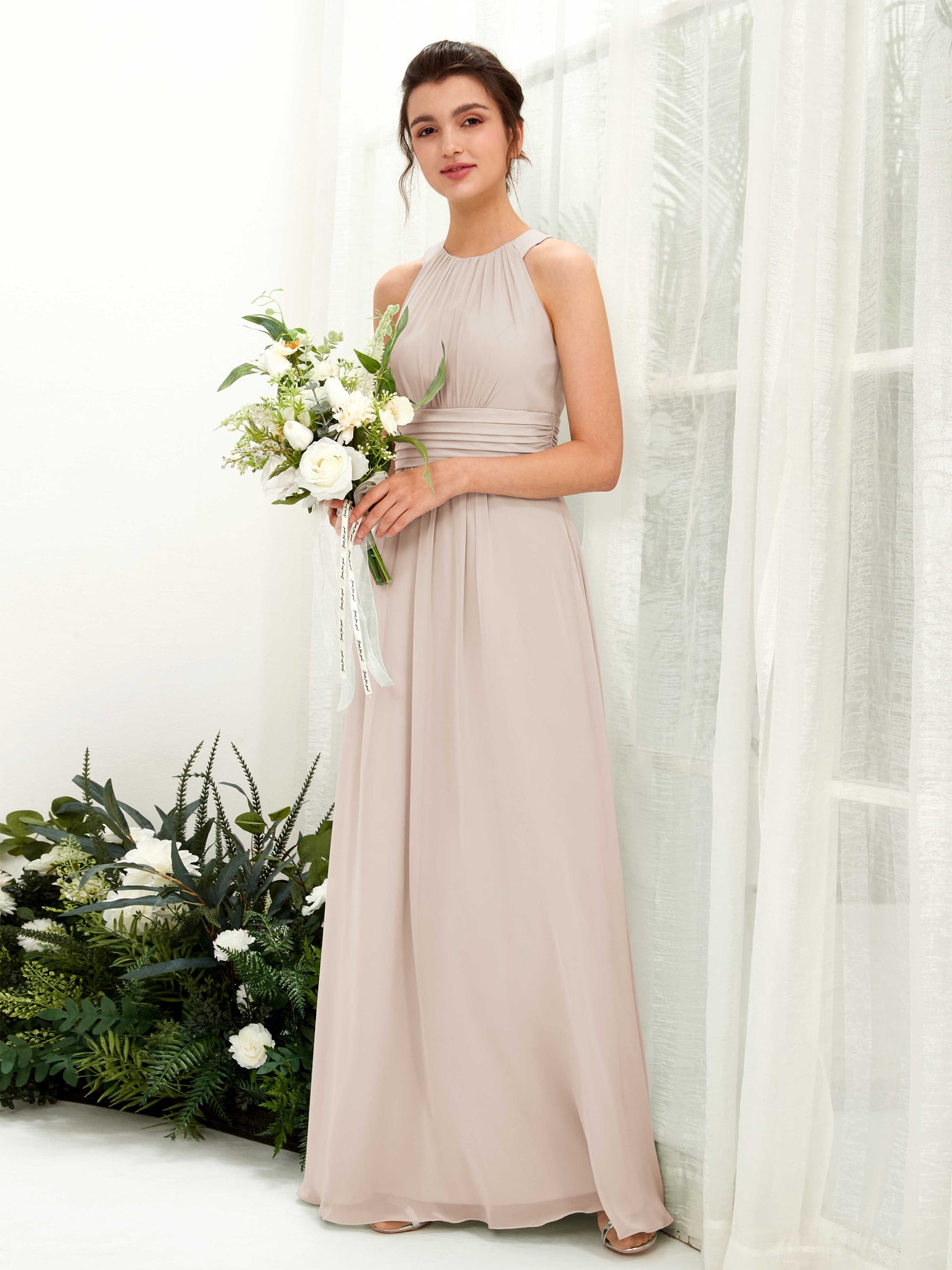 Carlyna Vestido línea A cuello redondo hasta el suelo fruncido dama de honor Champán #color_champ-n