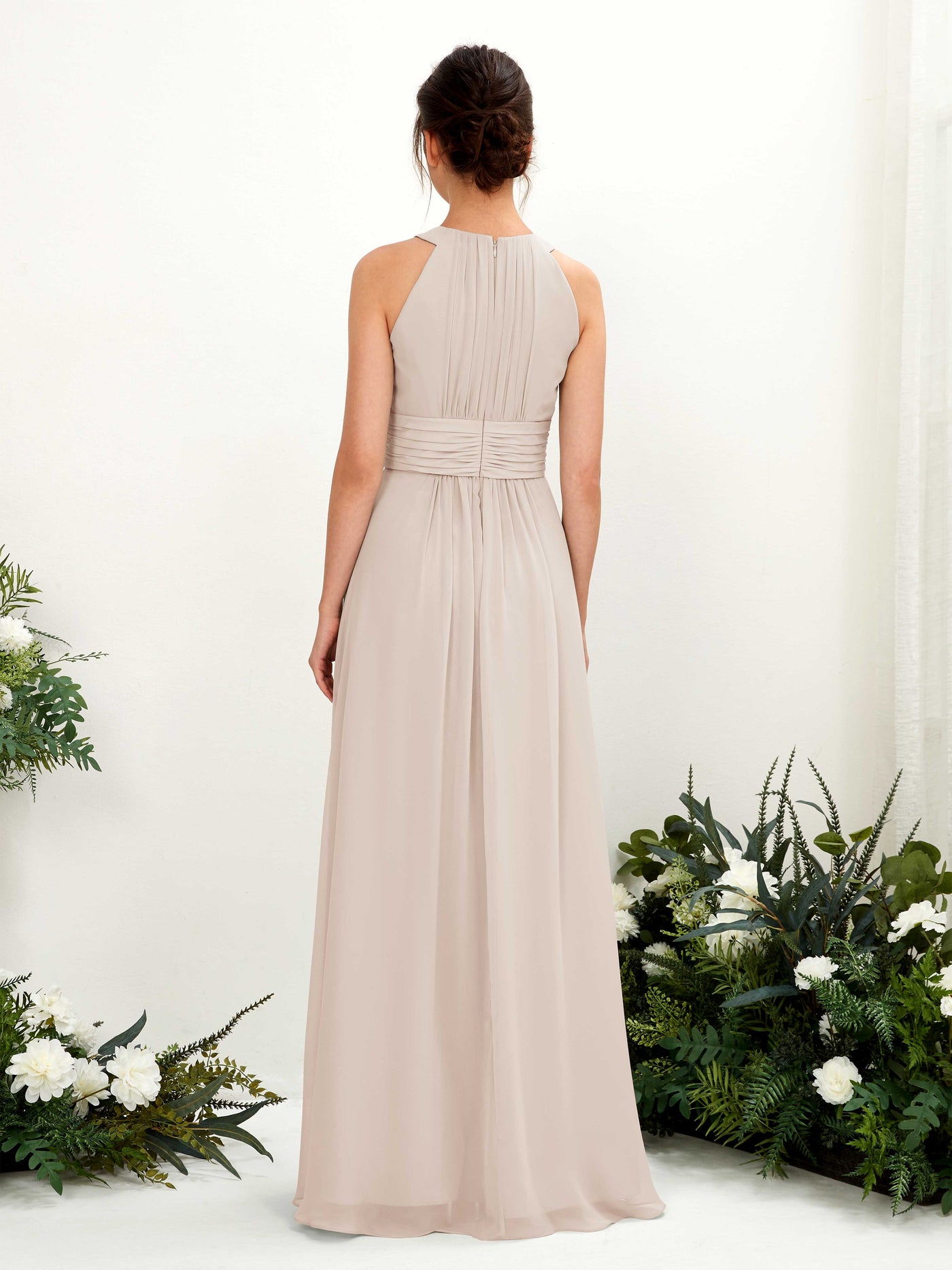 Carlyna Vestido línea A cuello redondo hasta el suelo fruncido dama de honor Champán #color_champ-n