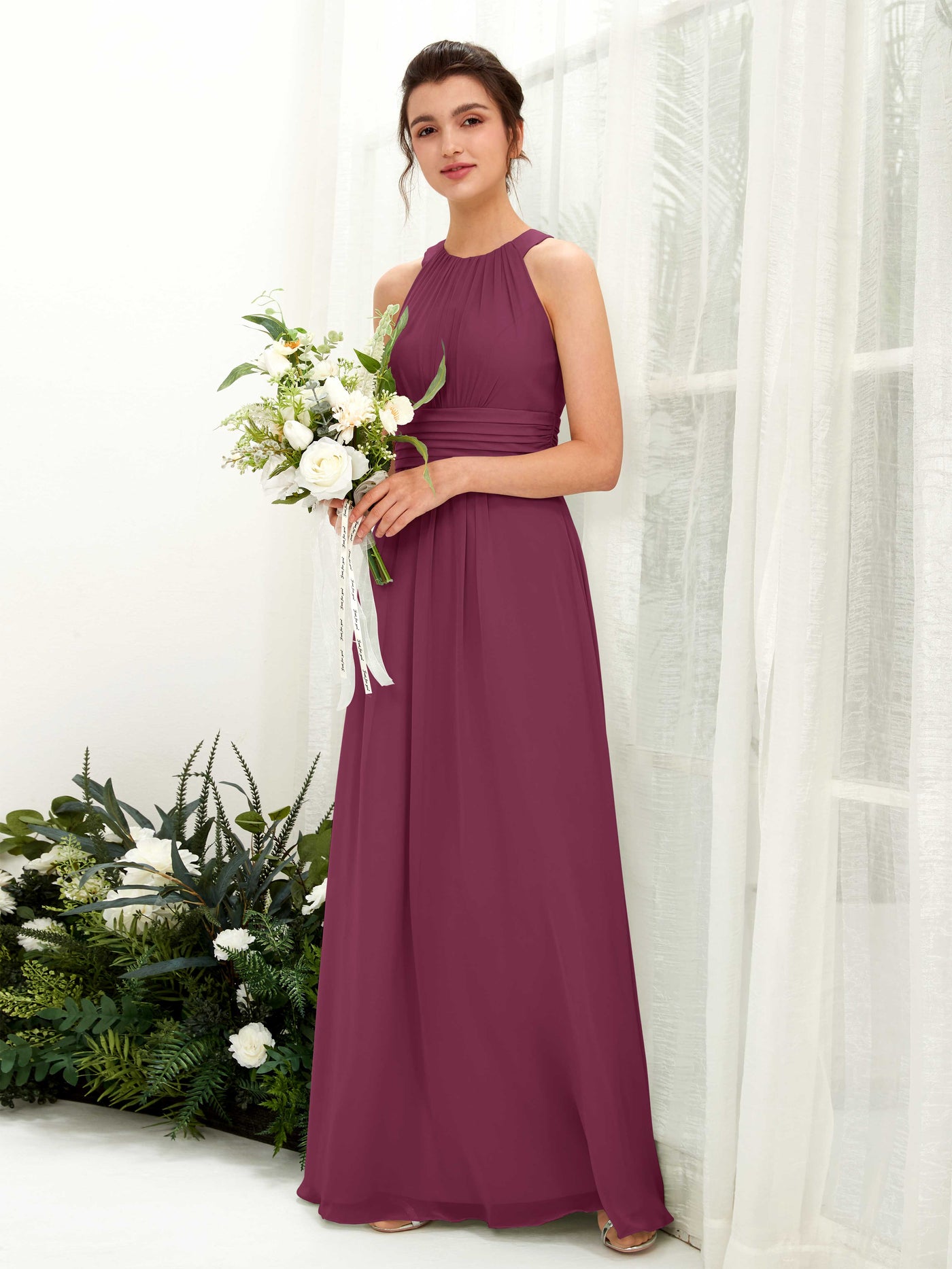 Carlyna Vestido línea A cuello redondo hasta el suelo fruncido dama de honor Chianti #color_chianti