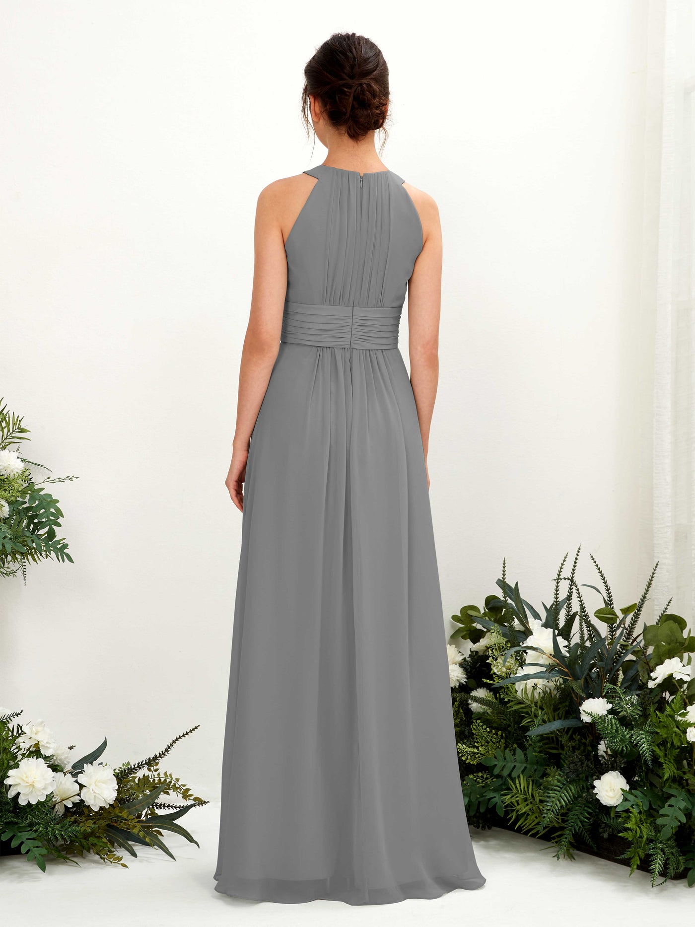 Carlyna Vestido línea A cuello redondo hasta el suelo fruncido dama de honor Gris Acero #color_gris-acero