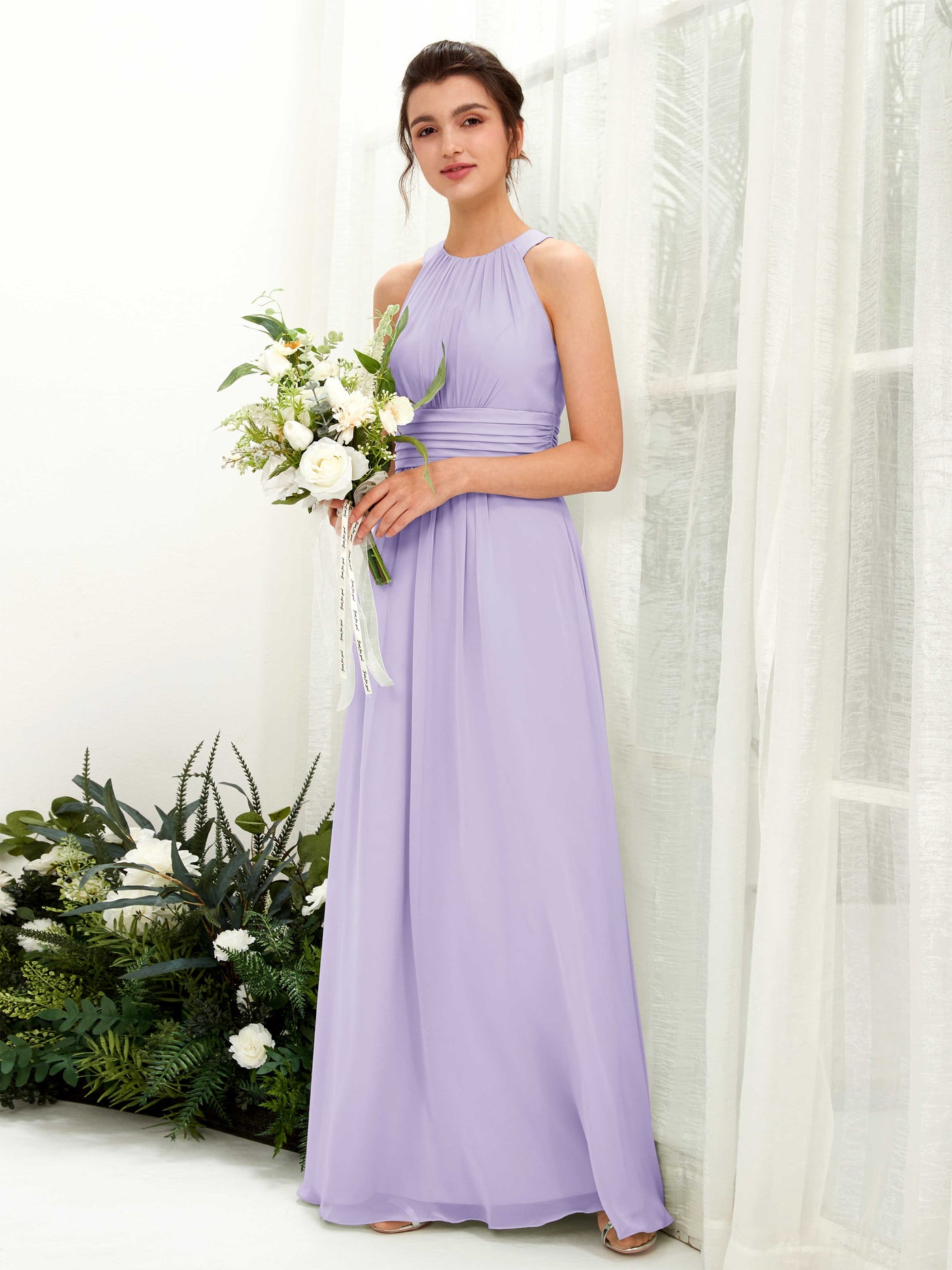 Carlyna Vestido línea A cuello redondo hasta el suelo fruncido dama de honor Lila #color_lila