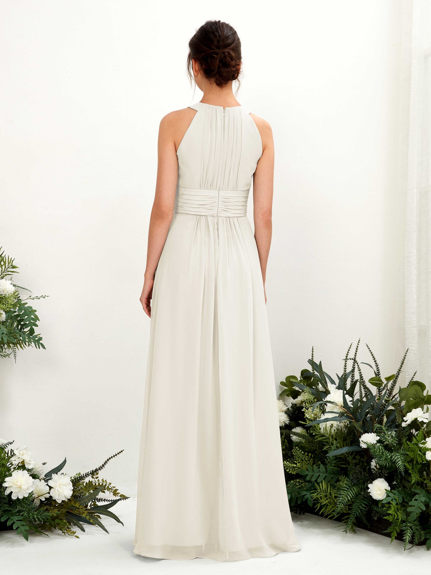 Carlyna Vestido línea A cuello redondo hasta el suelo fruncido dama de honor Marfil #color_marfil