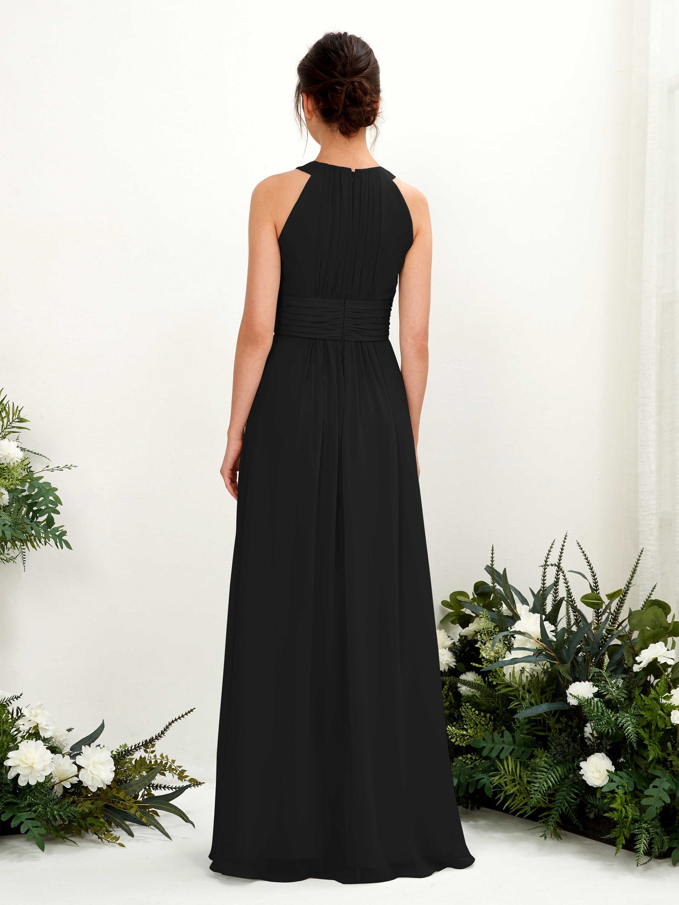 Carlyna Vestido línea A cuello redondo hasta el suelo fruncido dama de honor Negro #color_negro