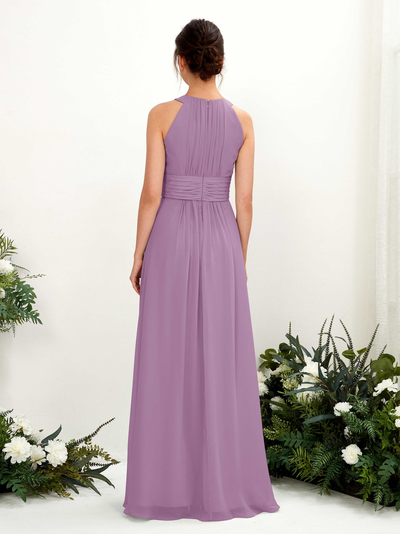 Carlyna Vestido línea A cuello redondo hasta el suelo fruncido dama de honor Niebla Orquídea #color_niebla-orqu-dea
