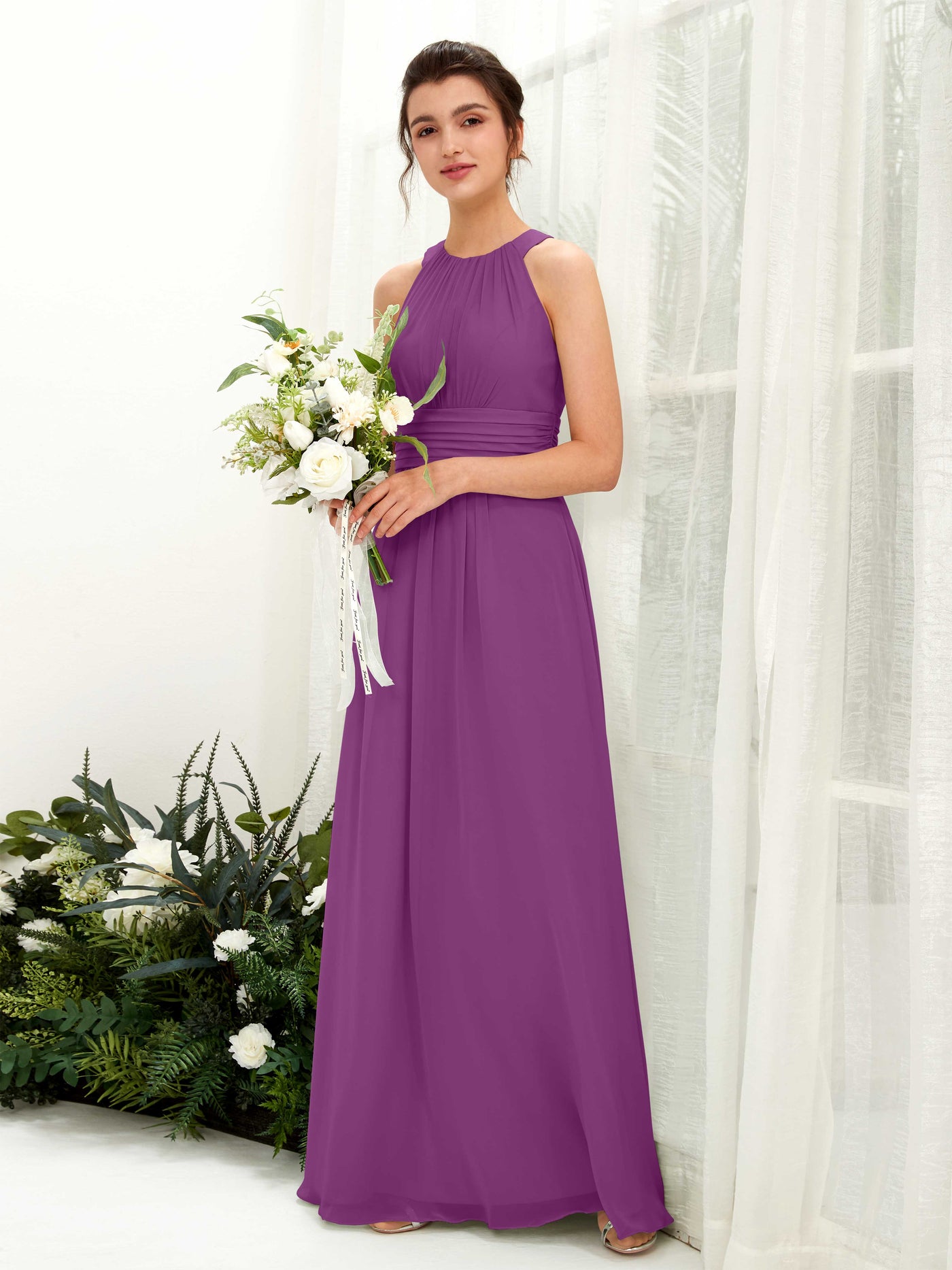 Carlyna Vestido línea A cuello redondo hasta el suelo fruncido dama de honor Púrpura #color_p-rpura