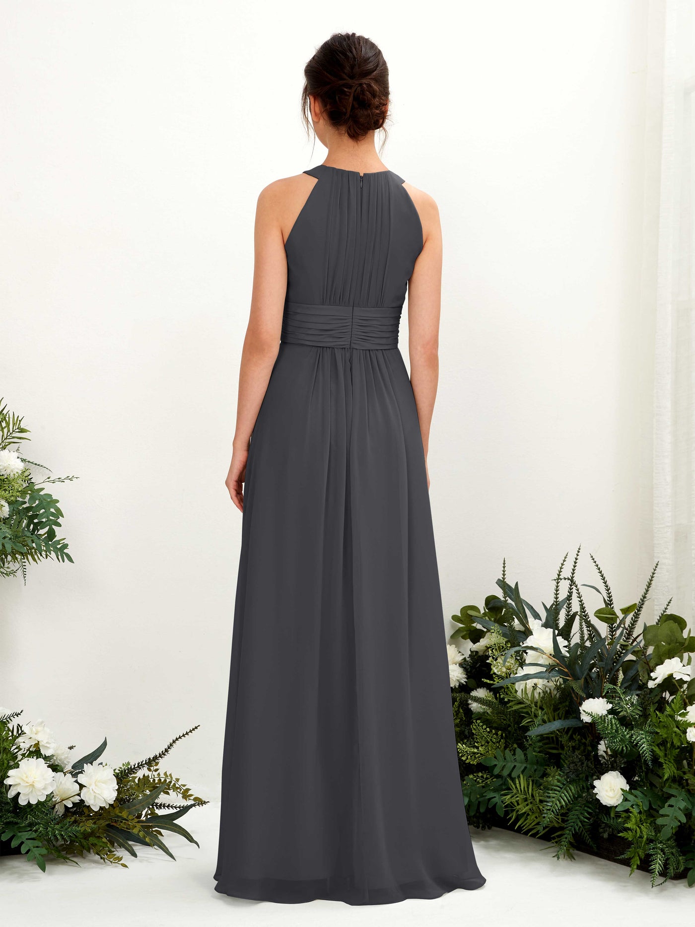 Carlyna Vestido línea A cuello redondo hasta el suelo fruncido dama de honor Peltre #color_peltre