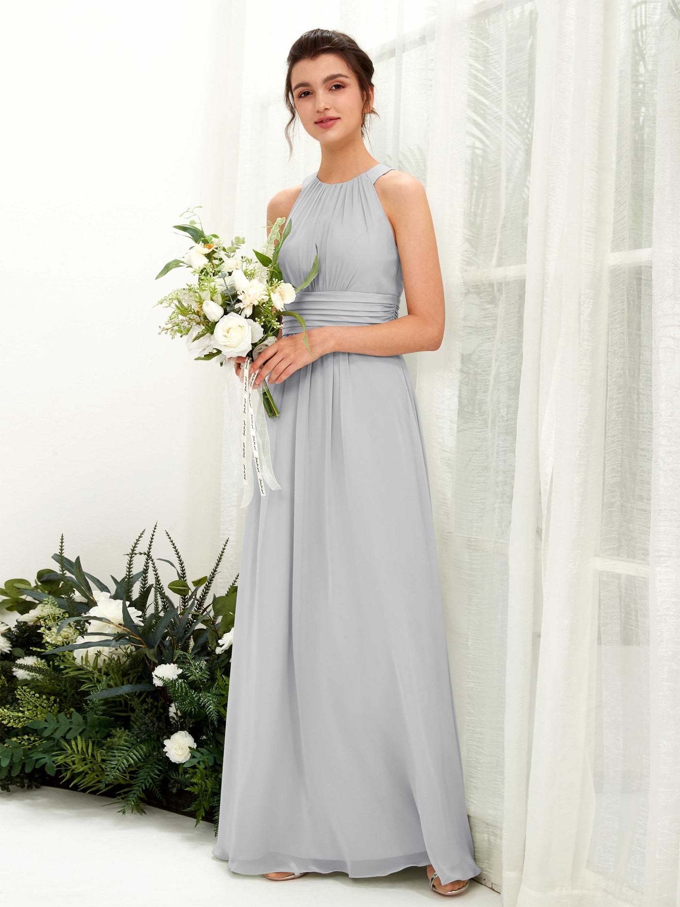 Carlyna Vestido línea A cuello redondo hasta el suelo fruncido dama de honor Plata #color_plata
