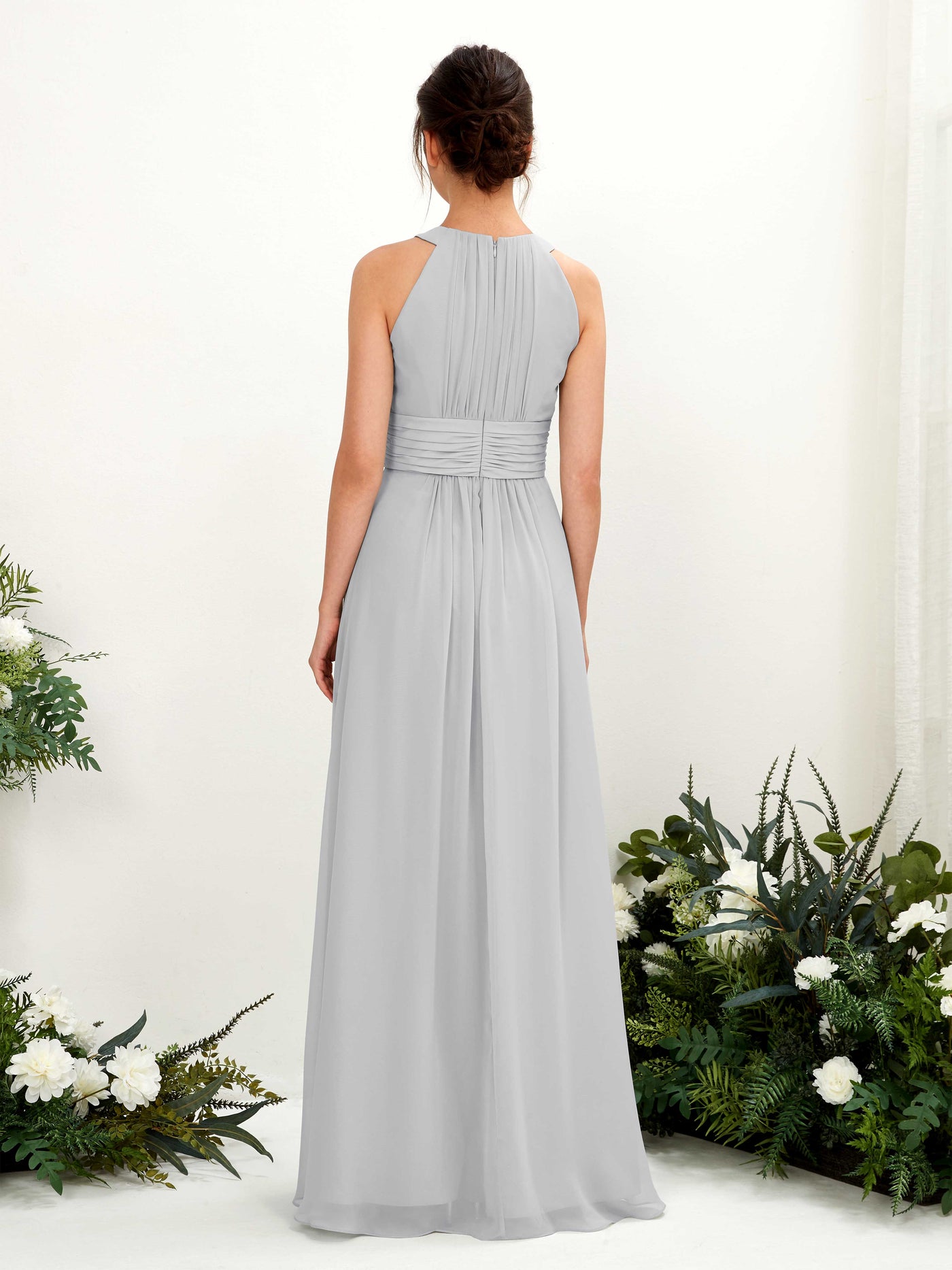 Carlyna Vestido línea A cuello redondo hasta el suelo fruncido dama de honor Plata #color_plata