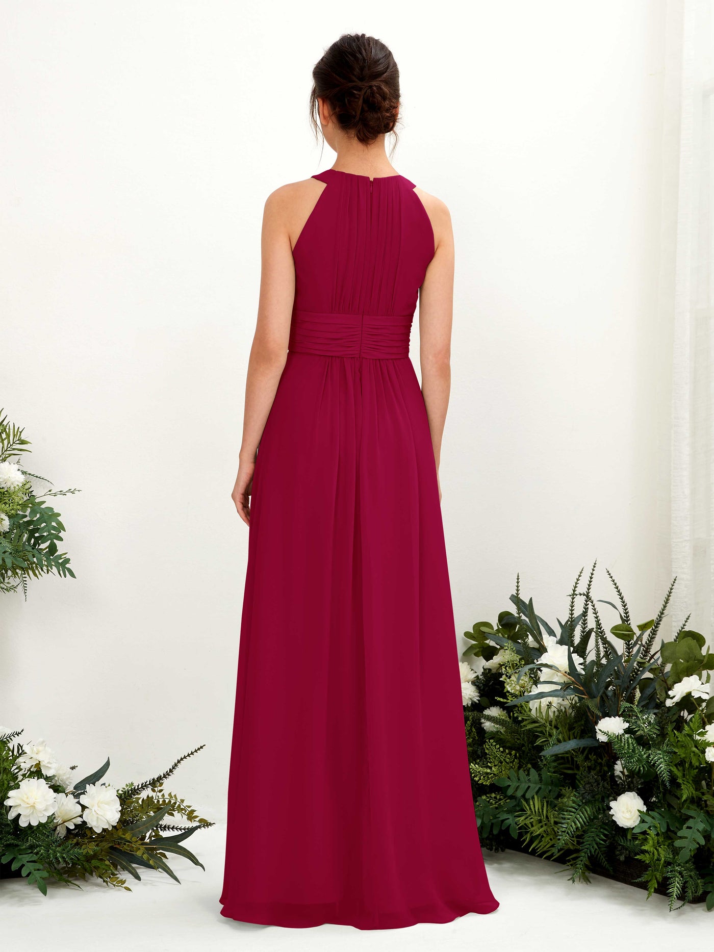 Carlyna Vestido línea A cuello redondo hasta el suelo fruncido dama de honor Rojo Bufón #color_rojo-buf-n
