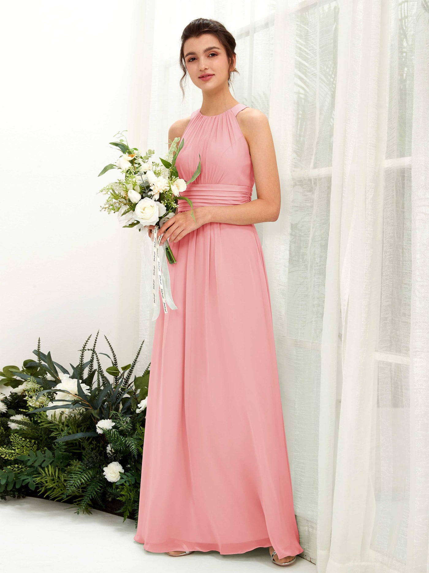 Carlyna Vestido línea A cuello redondo hasta el suelo fruncido dama de honor Rosa Ballet #color_rosa-ballet
