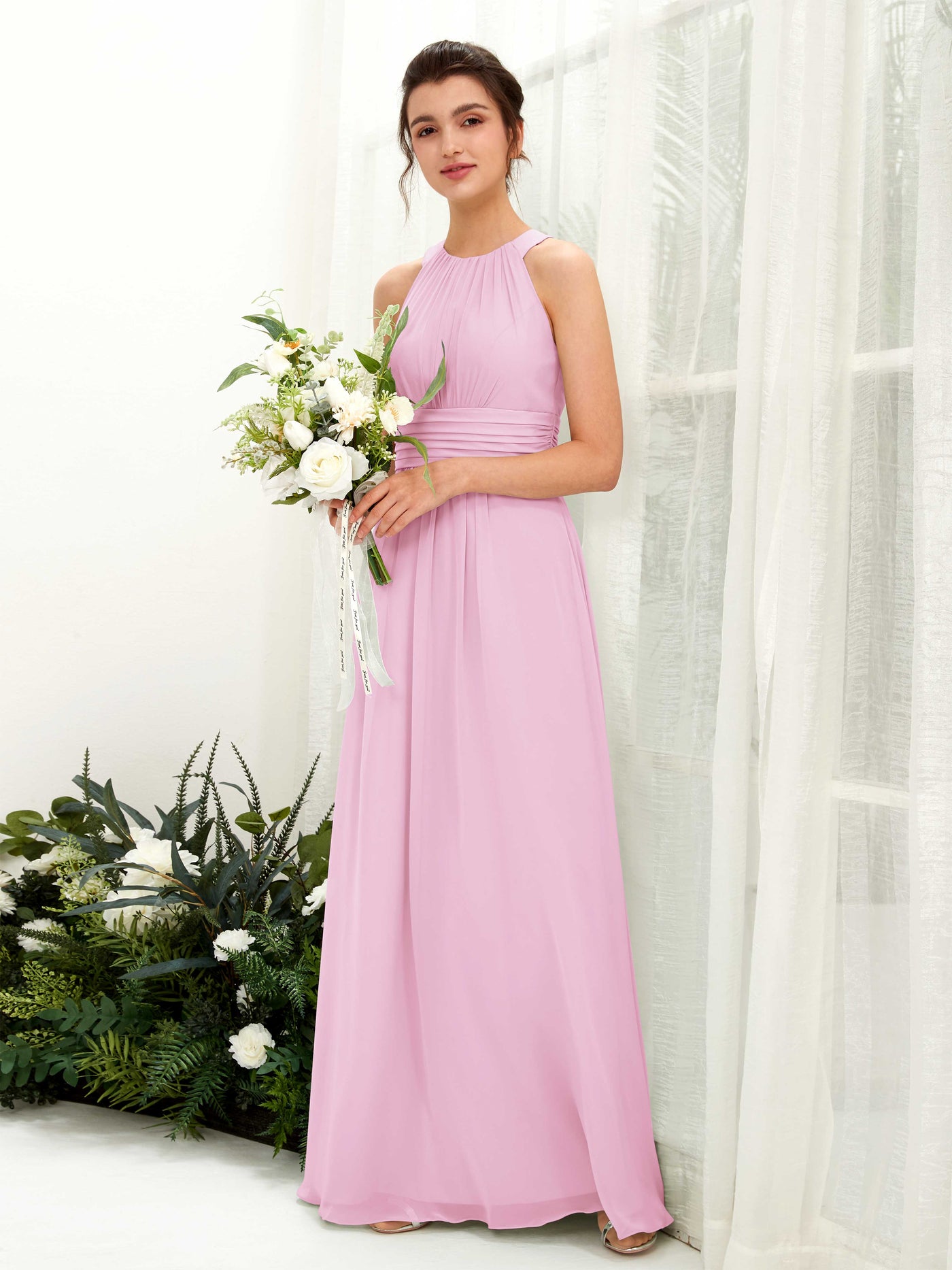 Carlyna Vestido línea A cuello redondo hasta el suelo fruncido dama de honor Rosa Caramelo #color_rosa-caramelo