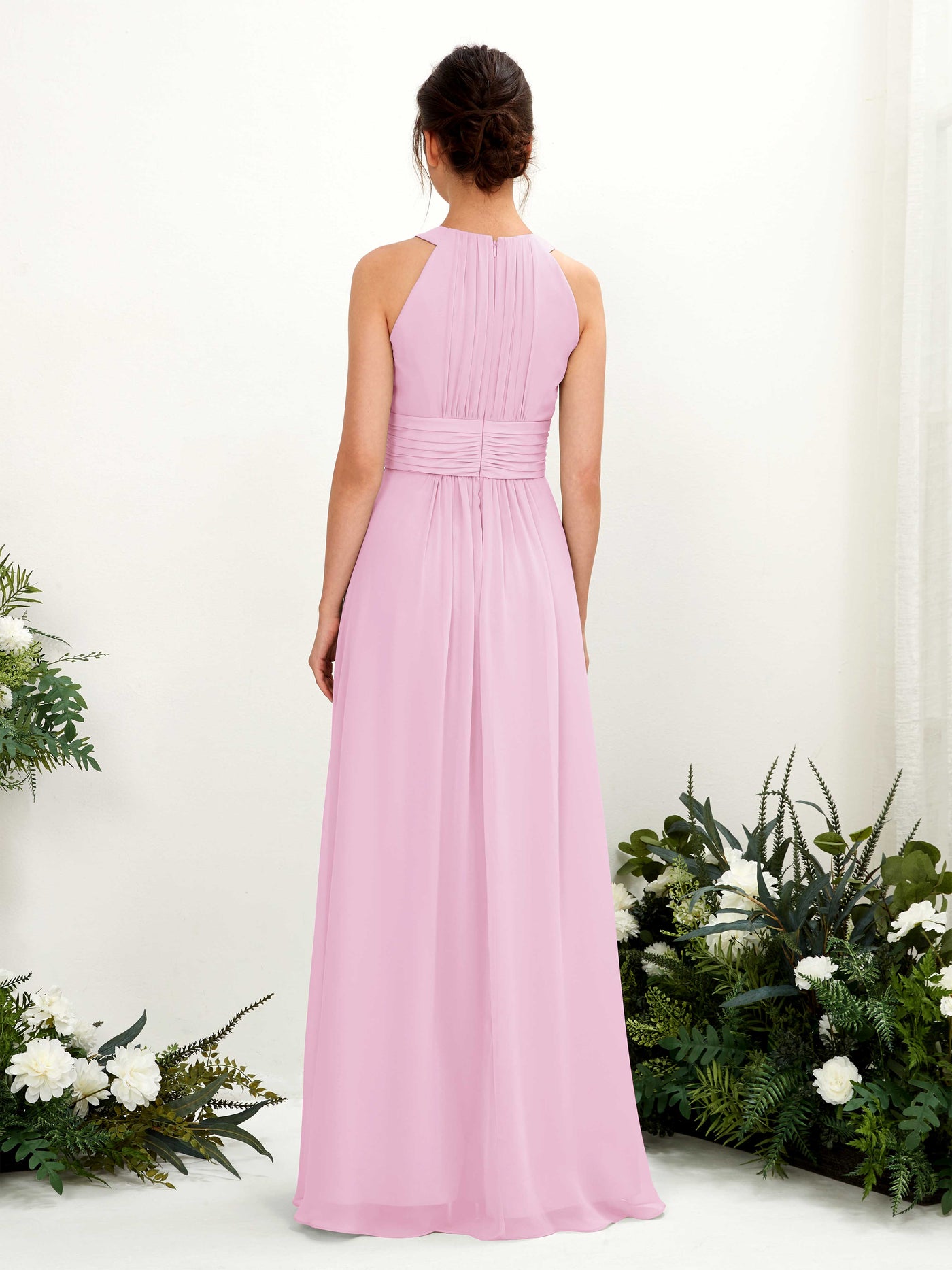 Carlyna Vestido línea A cuello redondo hasta el suelo fruncido dama de honor Rosa Caramelo #color_rosa-caramelo