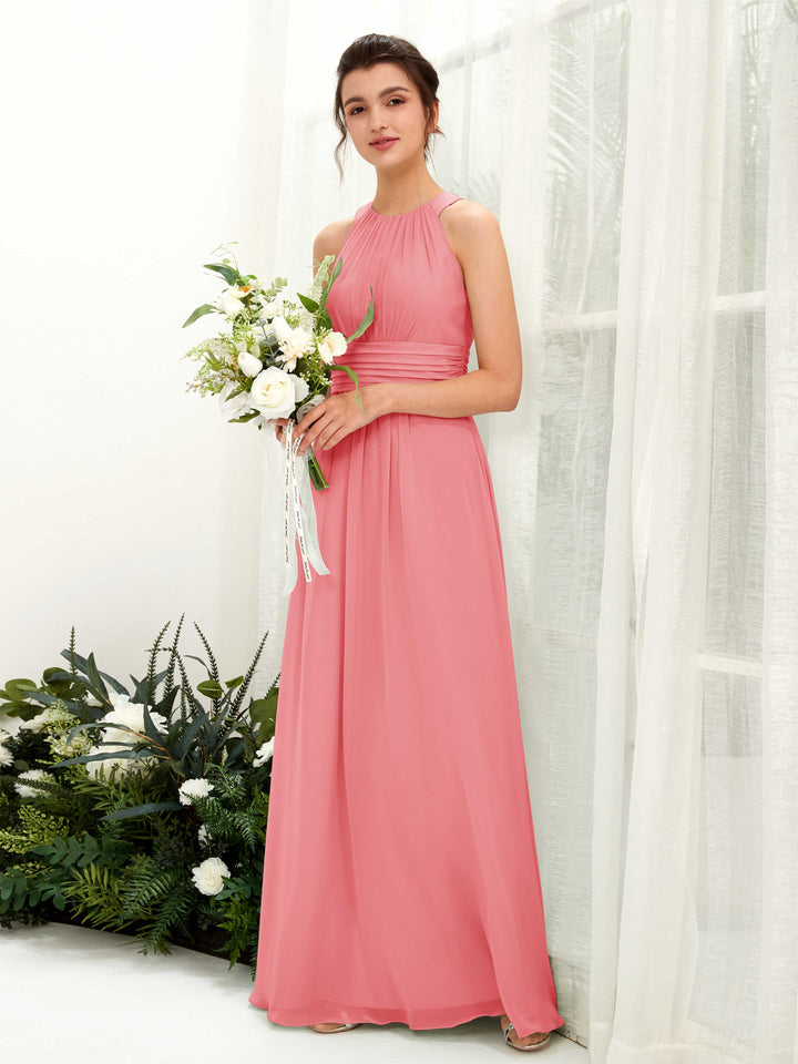 Carlyna Vestido línea A cuello redondo hasta el suelo fruncido dama de honor Rosa Coral 