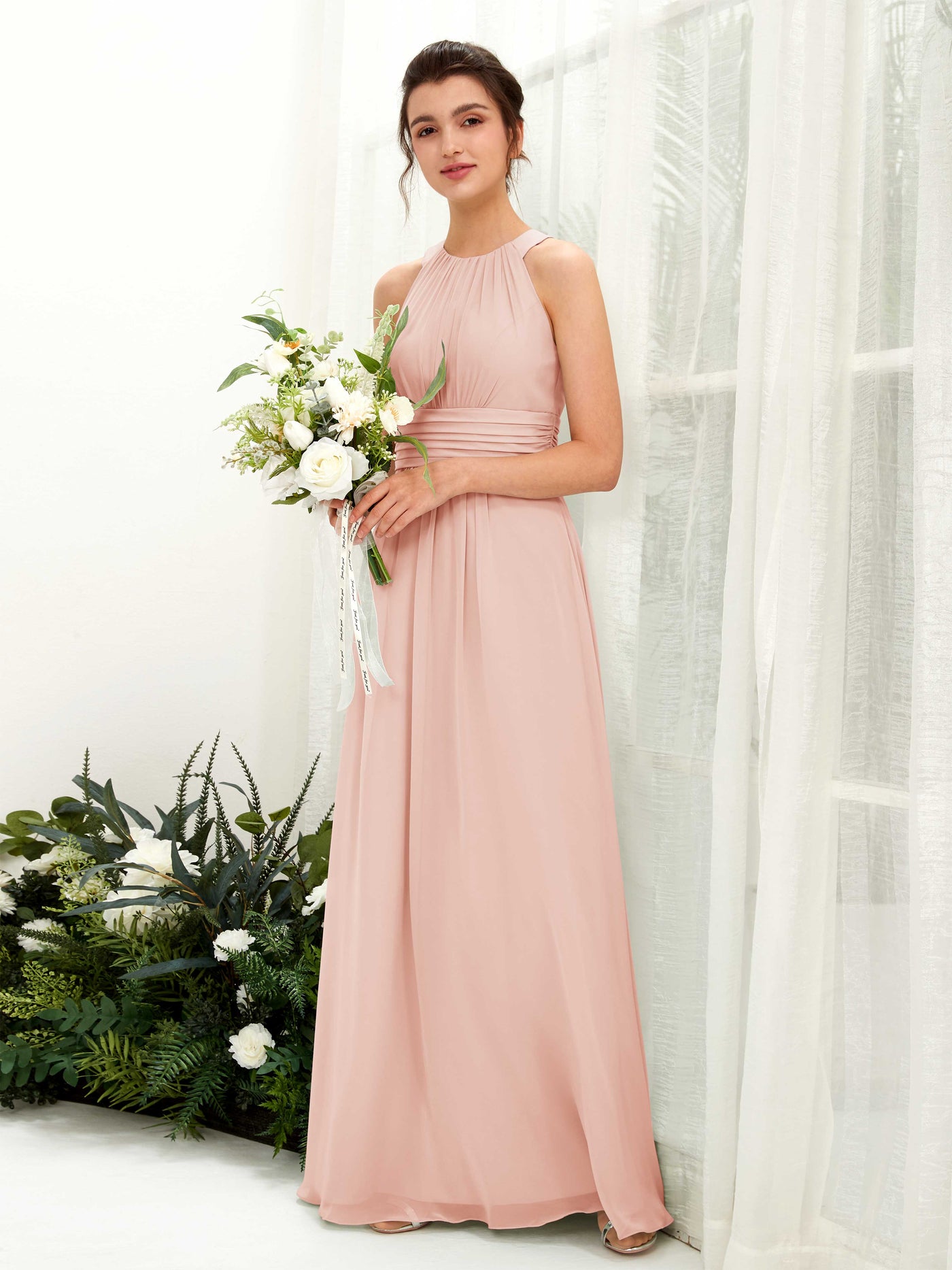 Carlyna Vestido línea A cuello redondo hasta el suelo fruncido dama de honor Rosa Perla #color_rosa-perla