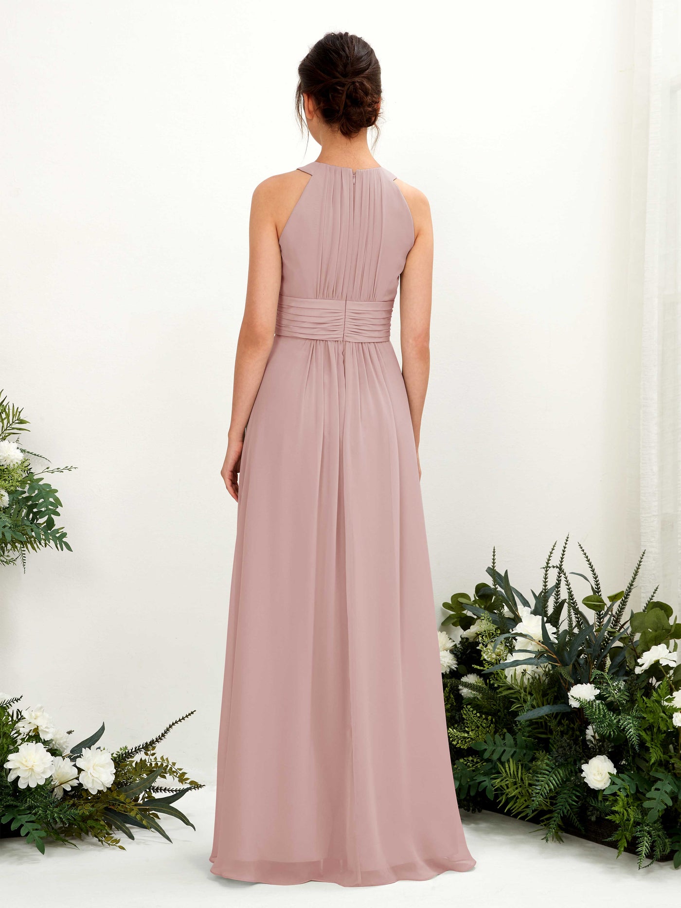 Carlyna Vestido línea A cuello redondo hasta el suelo fruncido dama de honor Rosa Polvorienta #color_rosa-polvorienta