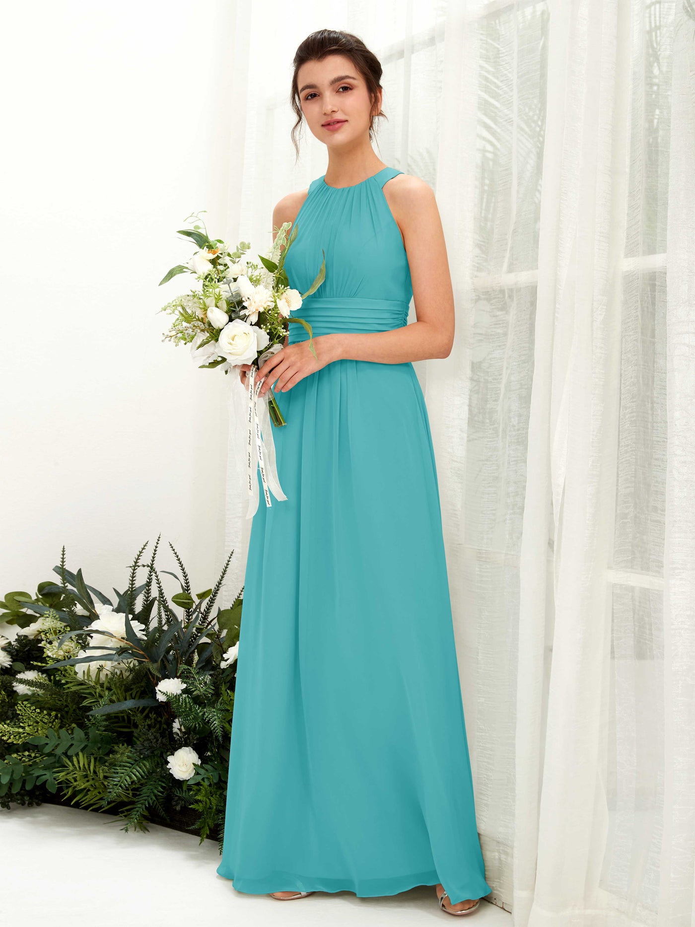 Carlyna Vestido línea A cuello redondo hasta el suelo fruncido dama de honor Turquesa #color_turquesa