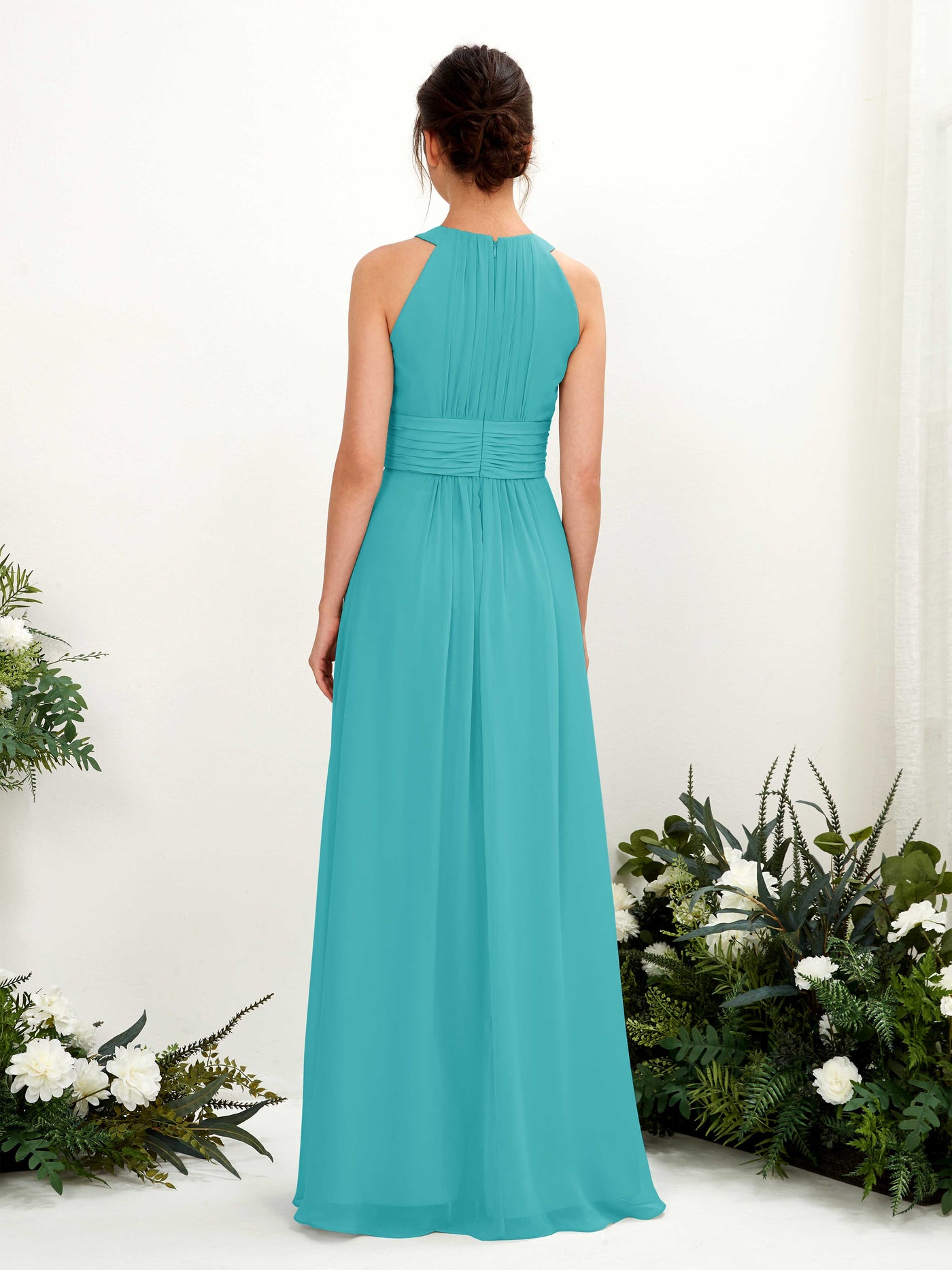 Carlyna Vestido línea A cuello redondo hasta el suelo fruncido dama de honor Turquesa #color_turquesa