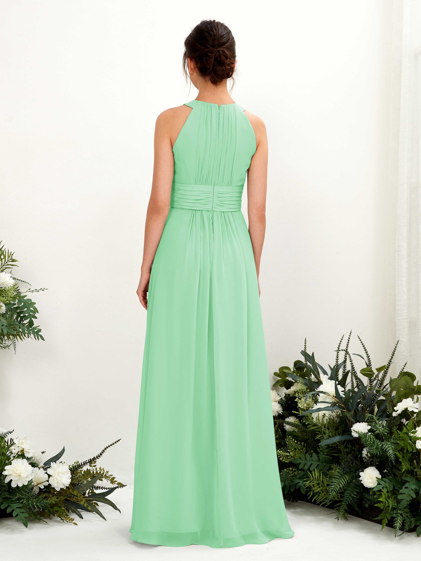 Carlyna Vestido línea A cuello redondo hasta el suelo fruncido dama de honor Verde Menta #color_verde-menta