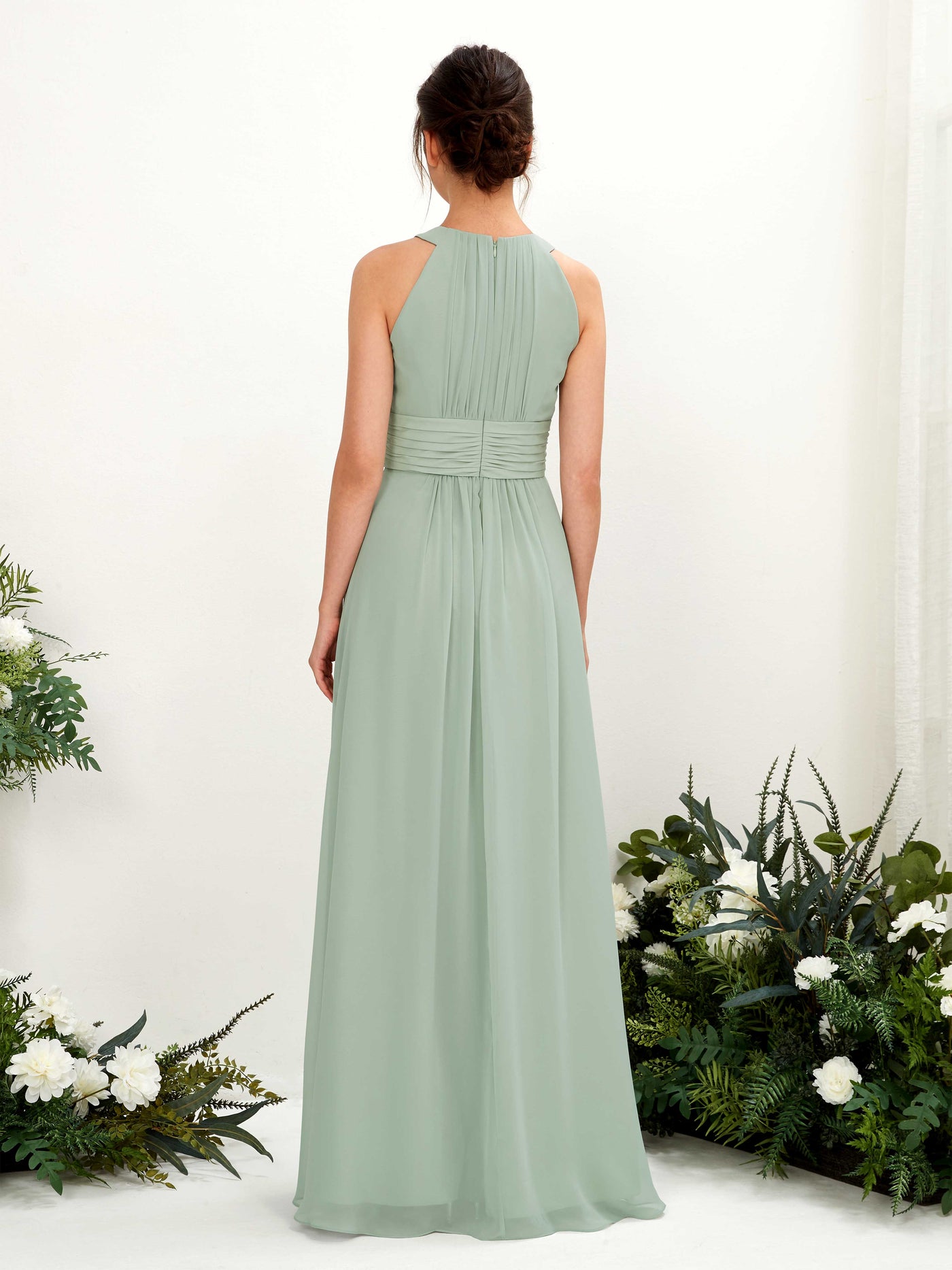 Carlyna Vestido línea A cuello redondo hasta el suelo fruncido dama de honor Verde Salvia #color_verde-salvia