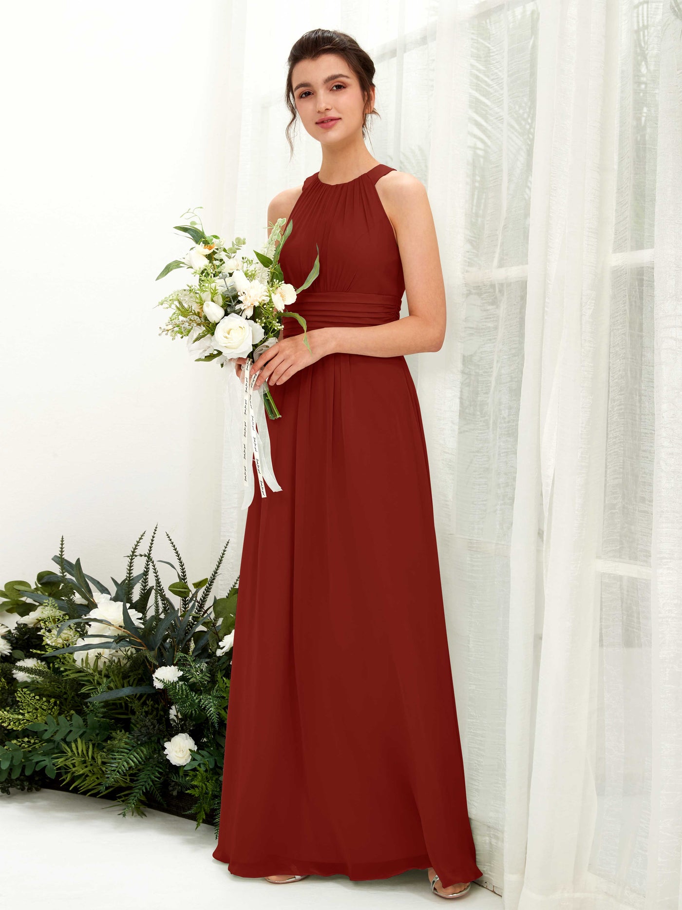 Carlyna Vestido línea A cuello redondo hasta el suelo fruncido dama de honor Óxido #color_xido