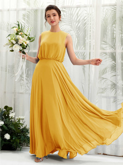 Carlyna Vestido línea A cuello redondo hasta el suelo gasa dama de honor Amarillo Mostaza #color_amarillo-mostaza