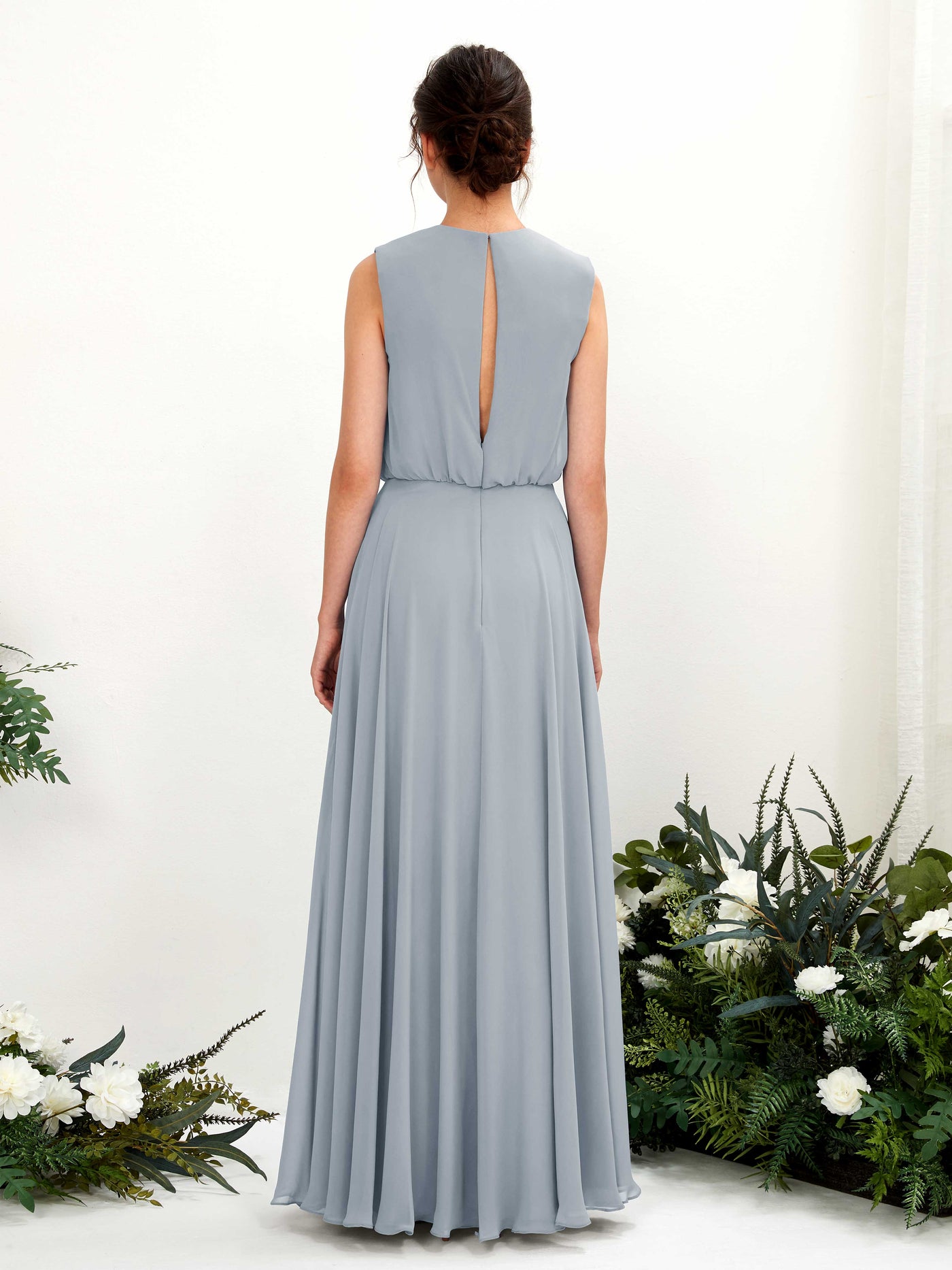 Carlyna Vestido línea A cuello redondo hasta el suelo gasa dama de honor Azul Empolvado Mejorado #color_azul-empolvado-mejorado