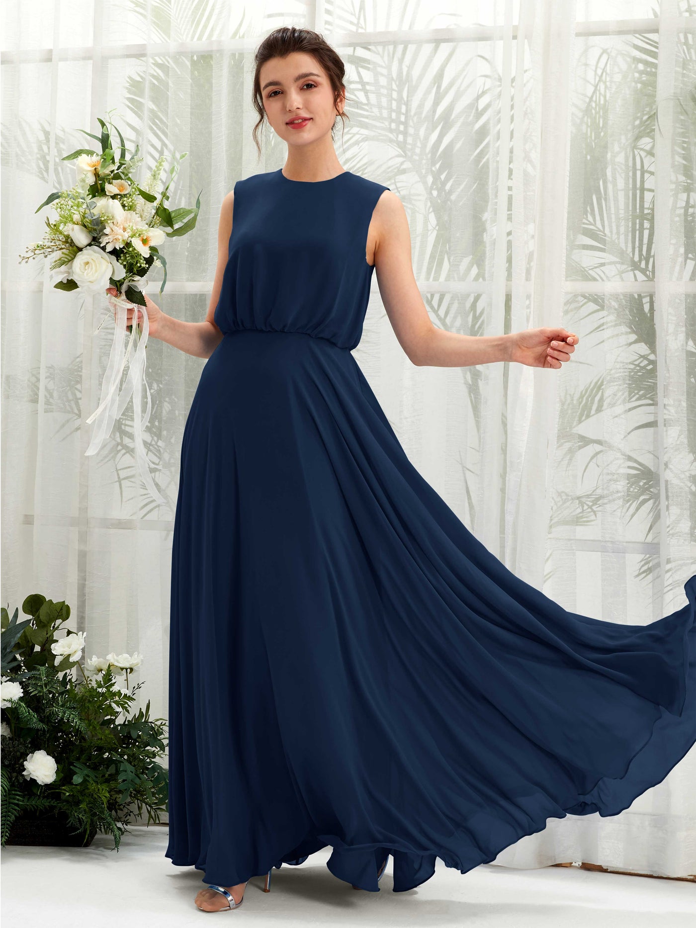 Carlyna Vestido línea A cuello redondo hasta el suelo gasa dama de honor Azul Marino #color_azul-marino