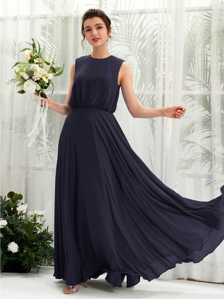 Carlyna Vestido línea A cuello redondo hasta el suelo gasa dama de honor Azul Marino Oscuro 