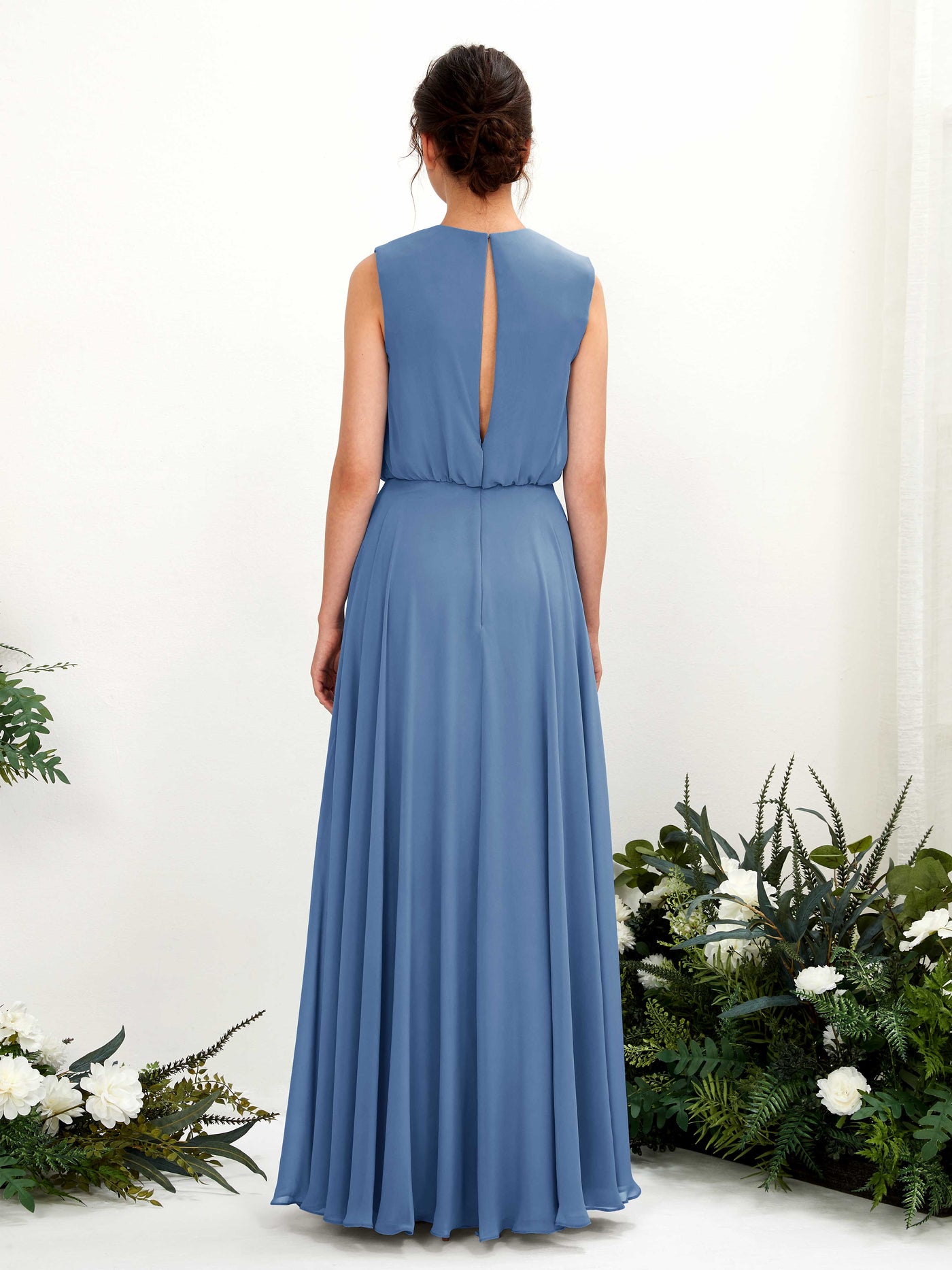 Carlyna Vestido línea A cuello redondo hasta el suelo gasa dama de honor Azul polvoriento #color_azul-polvoriento