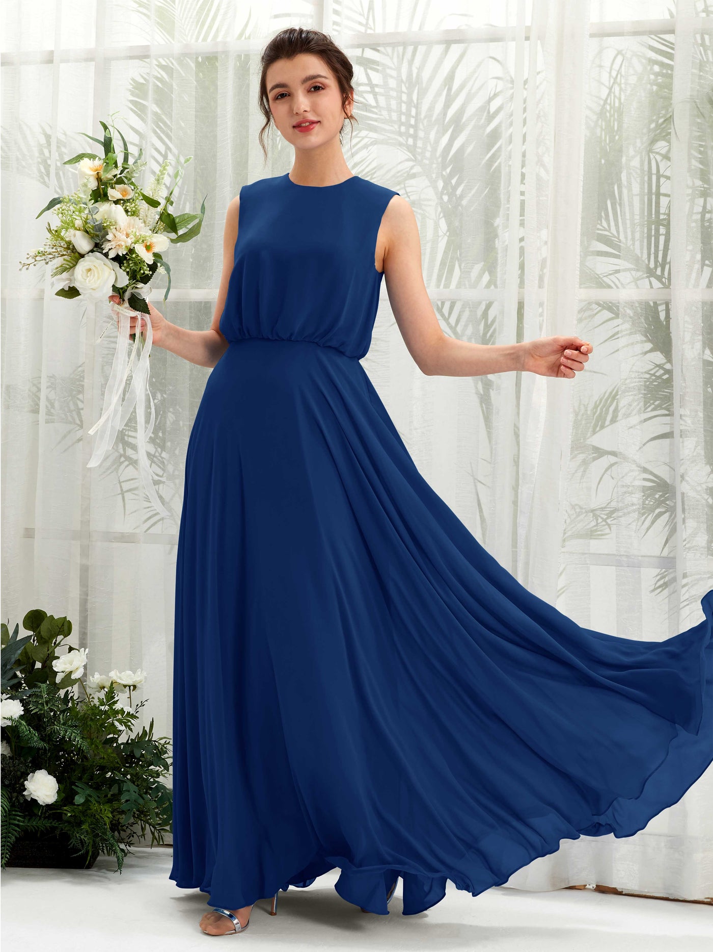 Carlyna Vestido línea A cuello redondo hasta el suelo gasa dama de honor Azul Real #color_azul-real