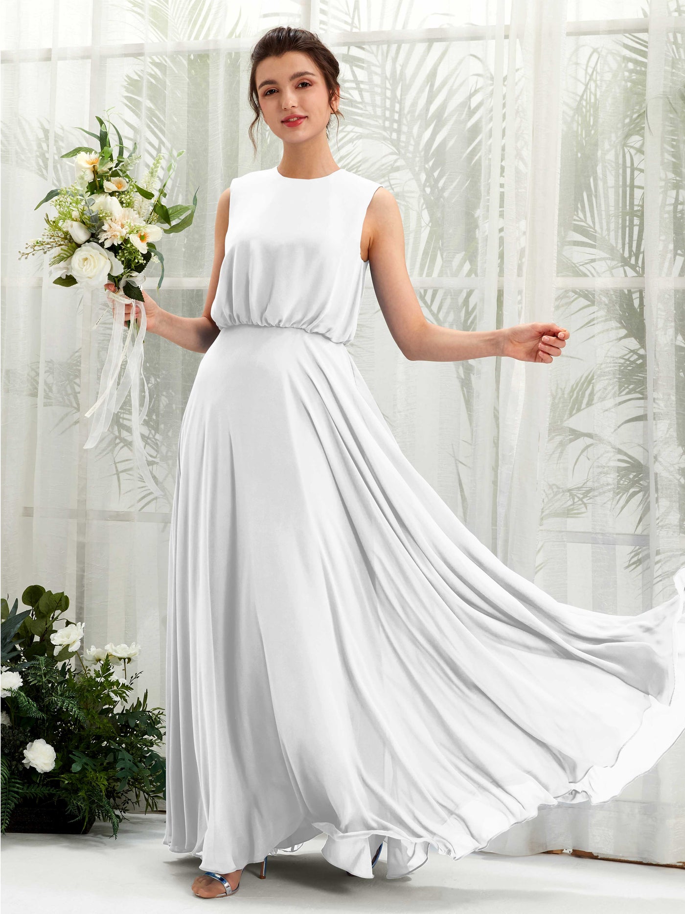 Carlyna Vestido línea A cuello redondo hasta el suelo gasa dama de honor Blanco #color_blanco