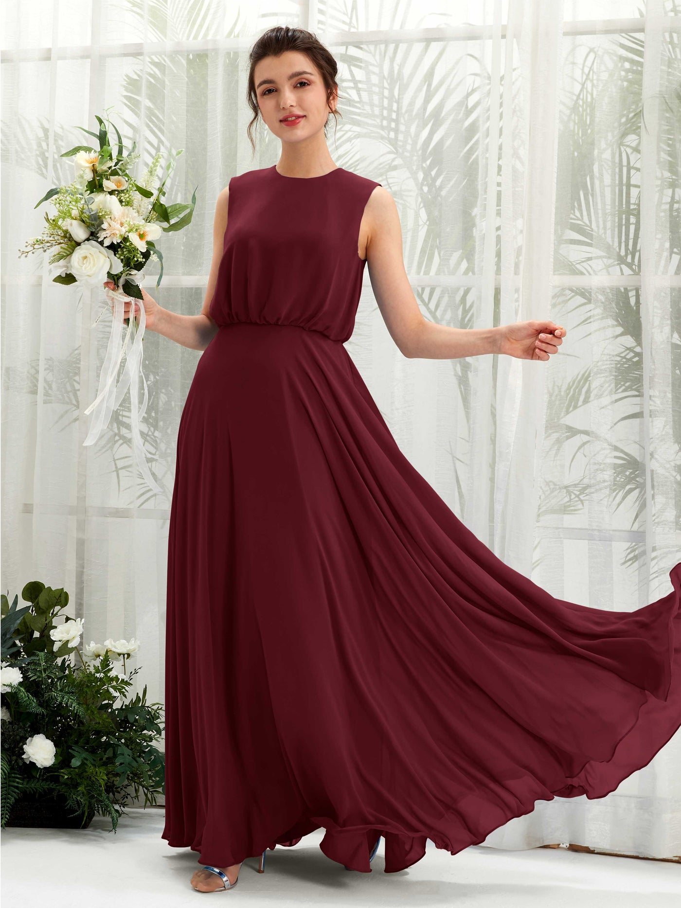 Carlyna Vestido línea A cuello redondo hasta el suelo gasa dama de honor Borgoña #color_borgo-a