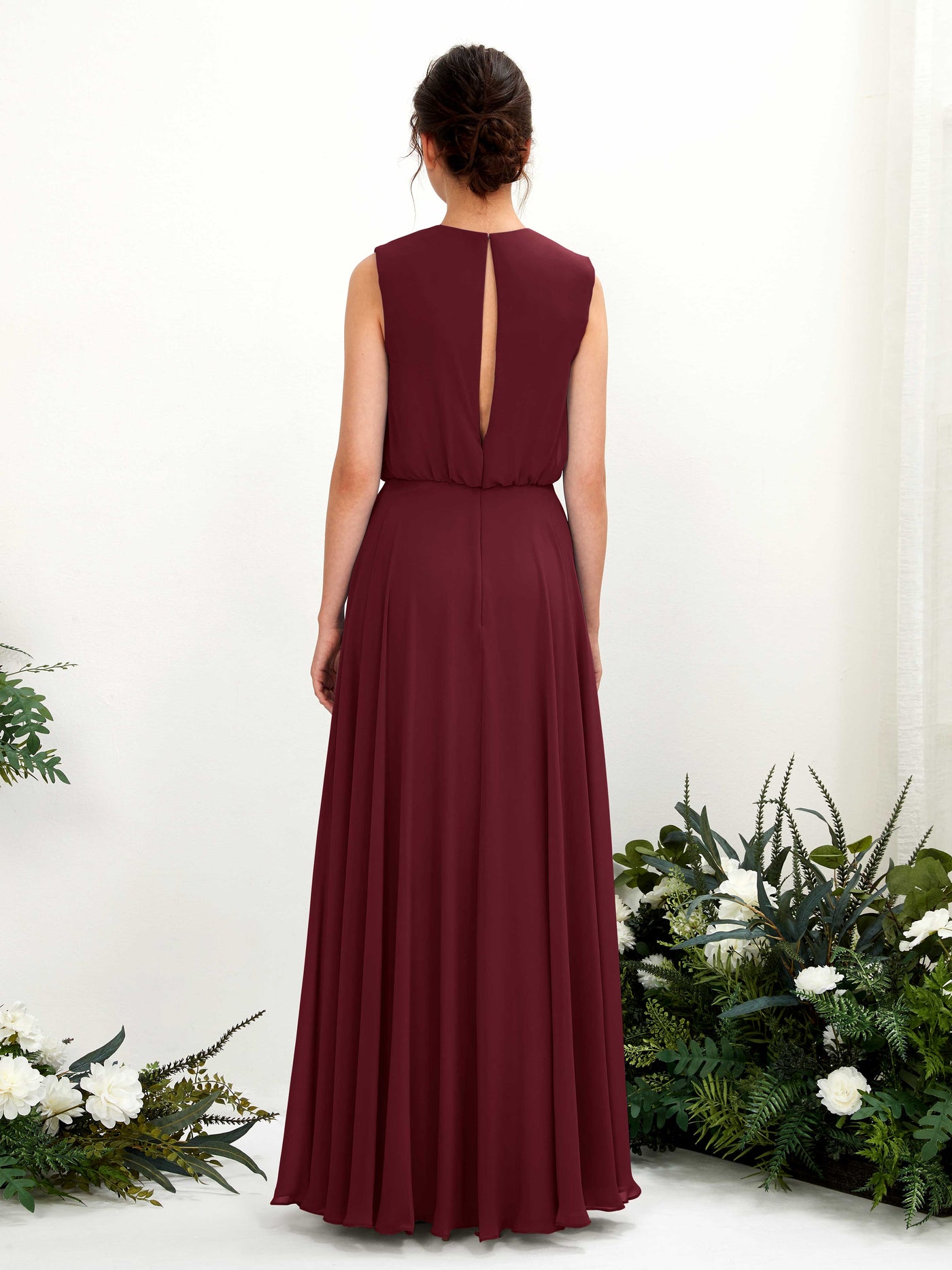 Carlyna Vestido línea A cuello redondo hasta el suelo gasa dama de honor Borgoña #color_borgo-a
