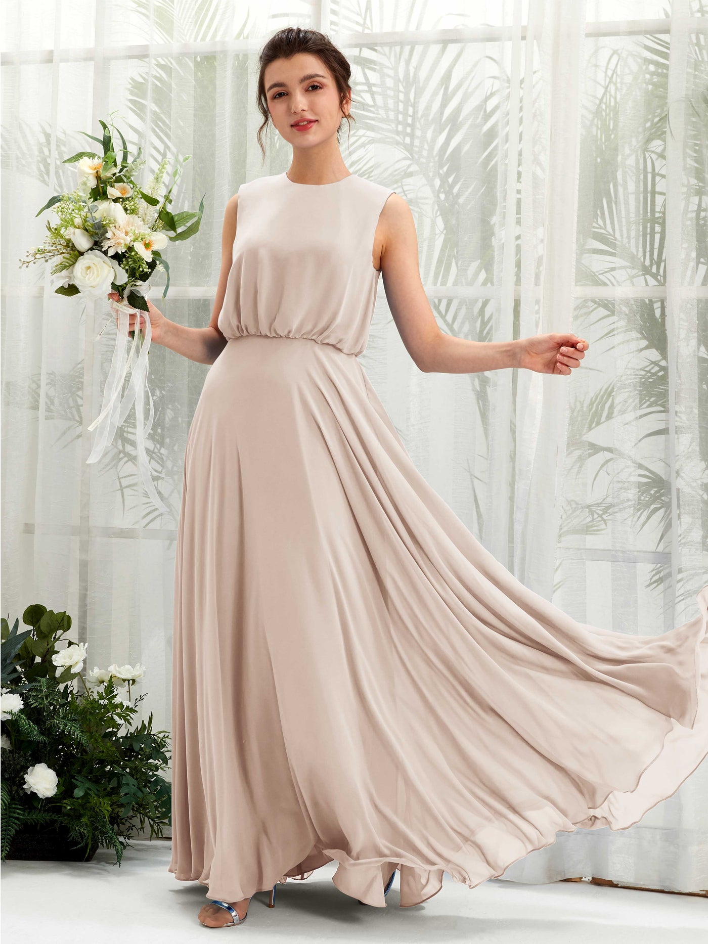 Carlyna Vestido línea A cuello redondo hasta el suelo gasa dama de honor Champán #color_champ-n