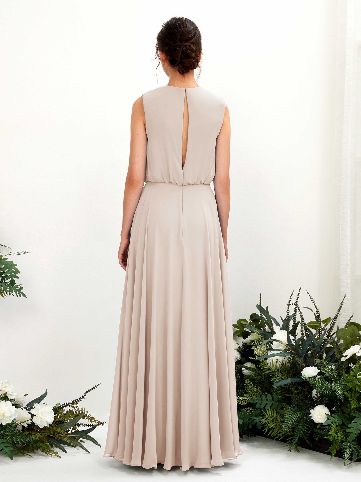 Carlyna Vestido línea A cuello redondo hasta el suelo gasa dama de honor Champán #color_champ-n