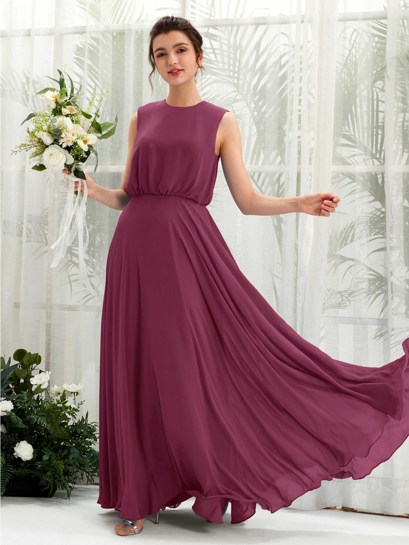 Carlyna Vestido línea A cuello redondo hasta el suelo gasa dama de honor Chianti #color_chianti