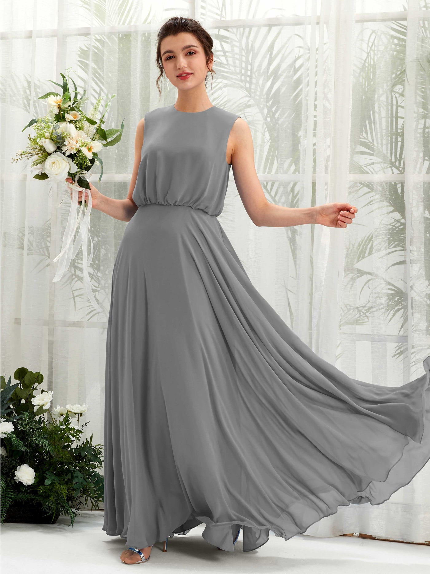 Carlyna Vestido línea A cuello redondo hasta el suelo gasa dama de honor Gris Acero #color_gris-acero