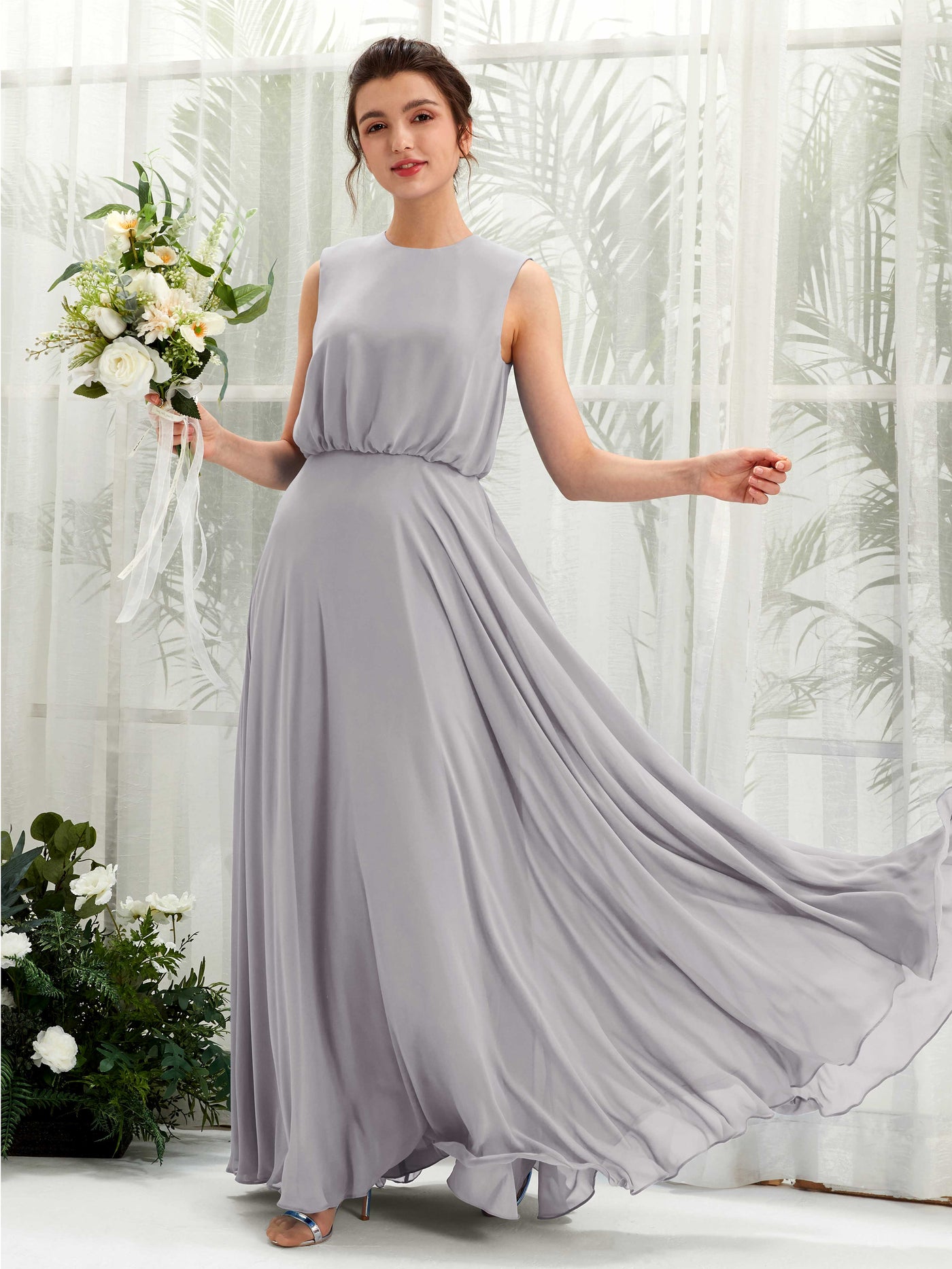 Carlyna Vestido línea A cuello redondo hasta el suelo gasa dama de honor Gris Paloma #color_gris-paloma