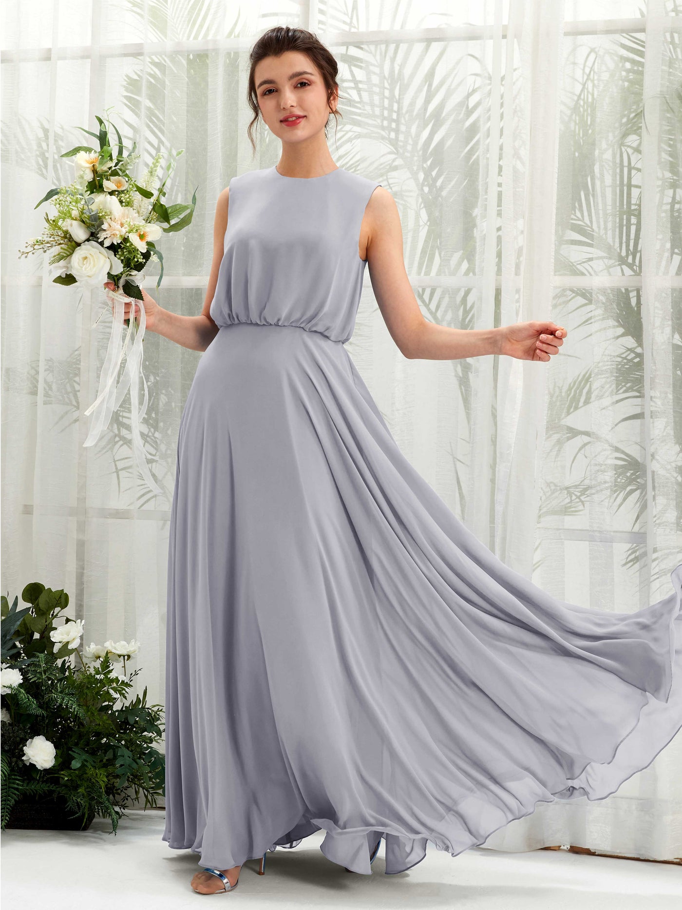 Carlyna Vestido línea A cuello redondo hasta el suelo gasa dama de honor Lavanda Viejo #color_lavanda-viejo