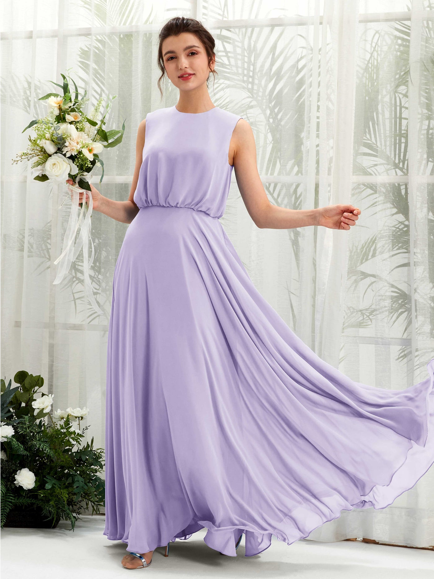 Carlyna Vestido línea A cuello redondo hasta el suelo gasa dama de honor Lila #color_lila