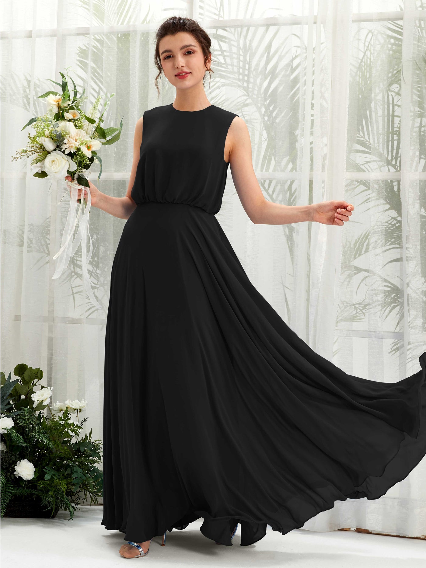 Carlyna Vestido línea A cuello redondo hasta el suelo gasa dama de honor Negro #color_negro