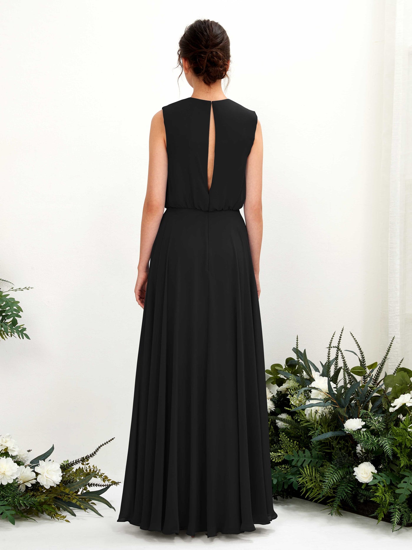 Carlyna Vestido línea A cuello redondo hasta el suelo gasa dama de honor Negro #color_negro