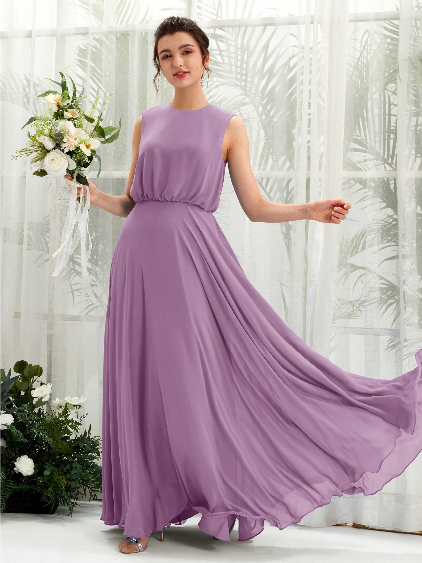 Carlyna Vestido línea A cuello redondo hasta el suelo gasa dama de honor Niebla Orquídea #color_niebla-orqu-dea