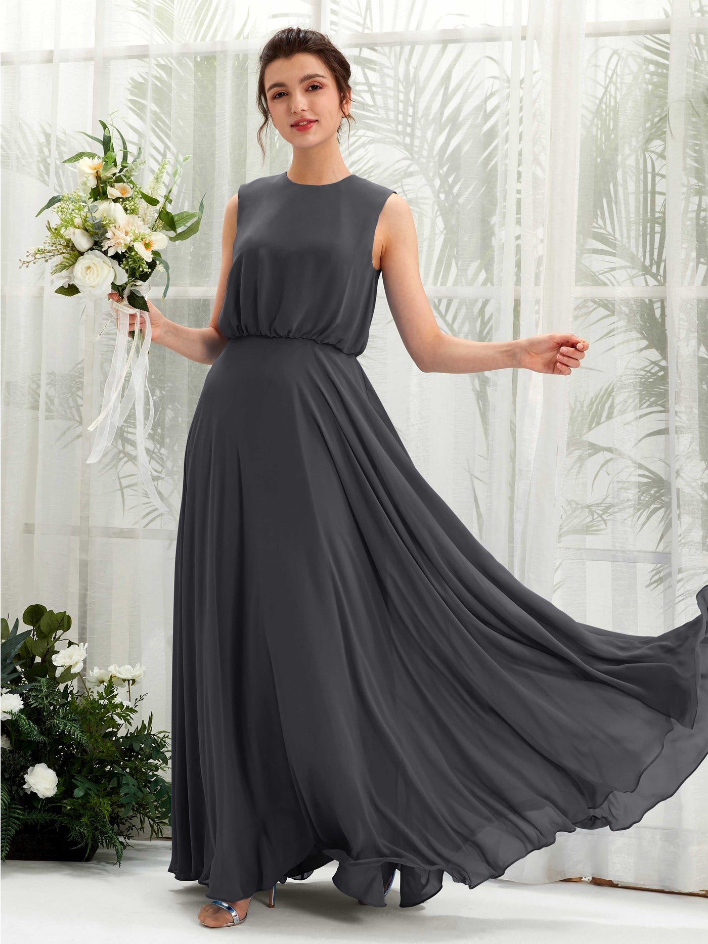 Carlyna Vestido línea A cuello redondo hasta el suelo gasa dama de honor Peltre #color_peltre