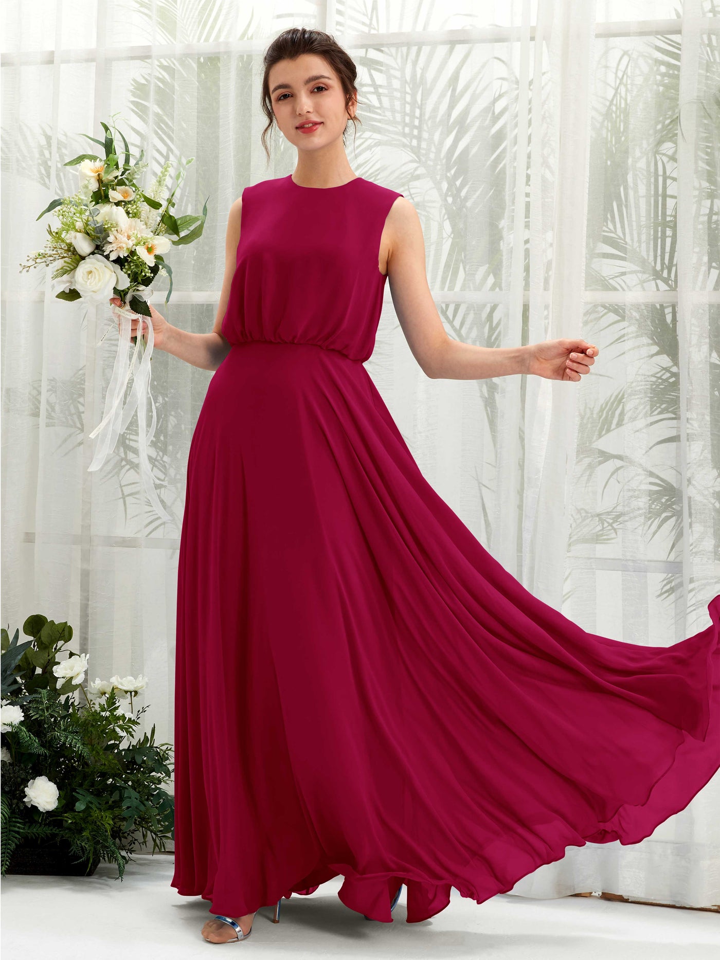 Carlyna Vestido línea A cuello redondo hasta el suelo gasa dama de honor Rojo Bufón #color_rojo-buf-n