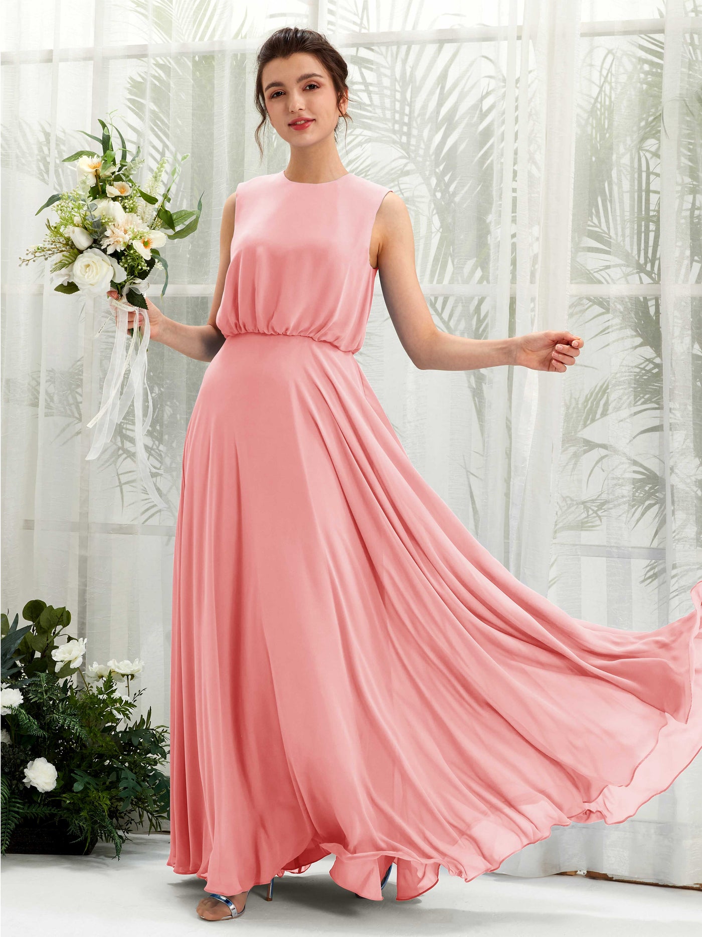 Carlyna Vestido línea A cuello redondo hasta el suelo gasa dama de honor Rosa Ballet #color_rosa-ballet
