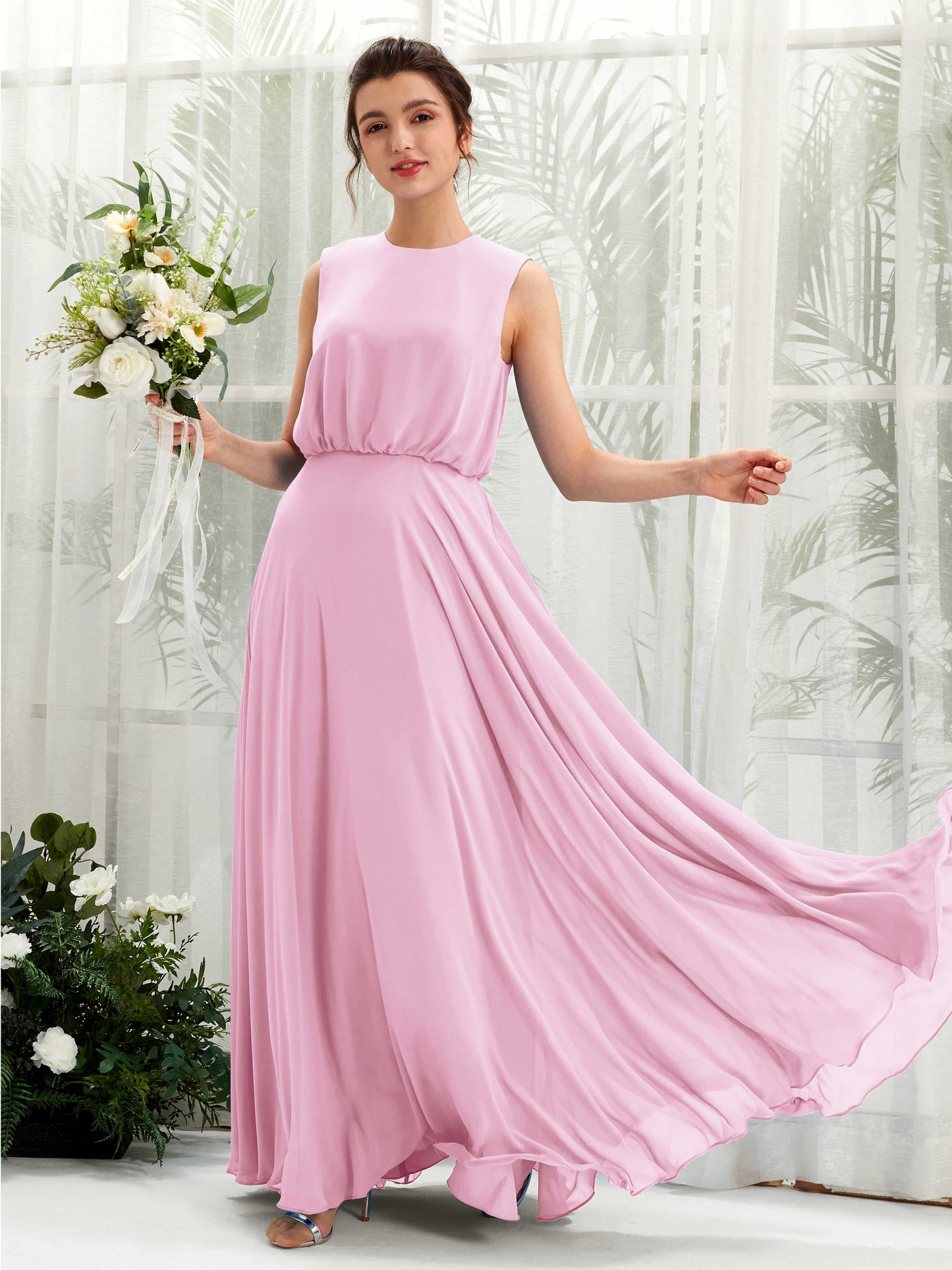 Carlyna Vestido línea A cuello redondo hasta el suelo gasa dama de honor Rosa Caramelo #color_rosa-caramelo